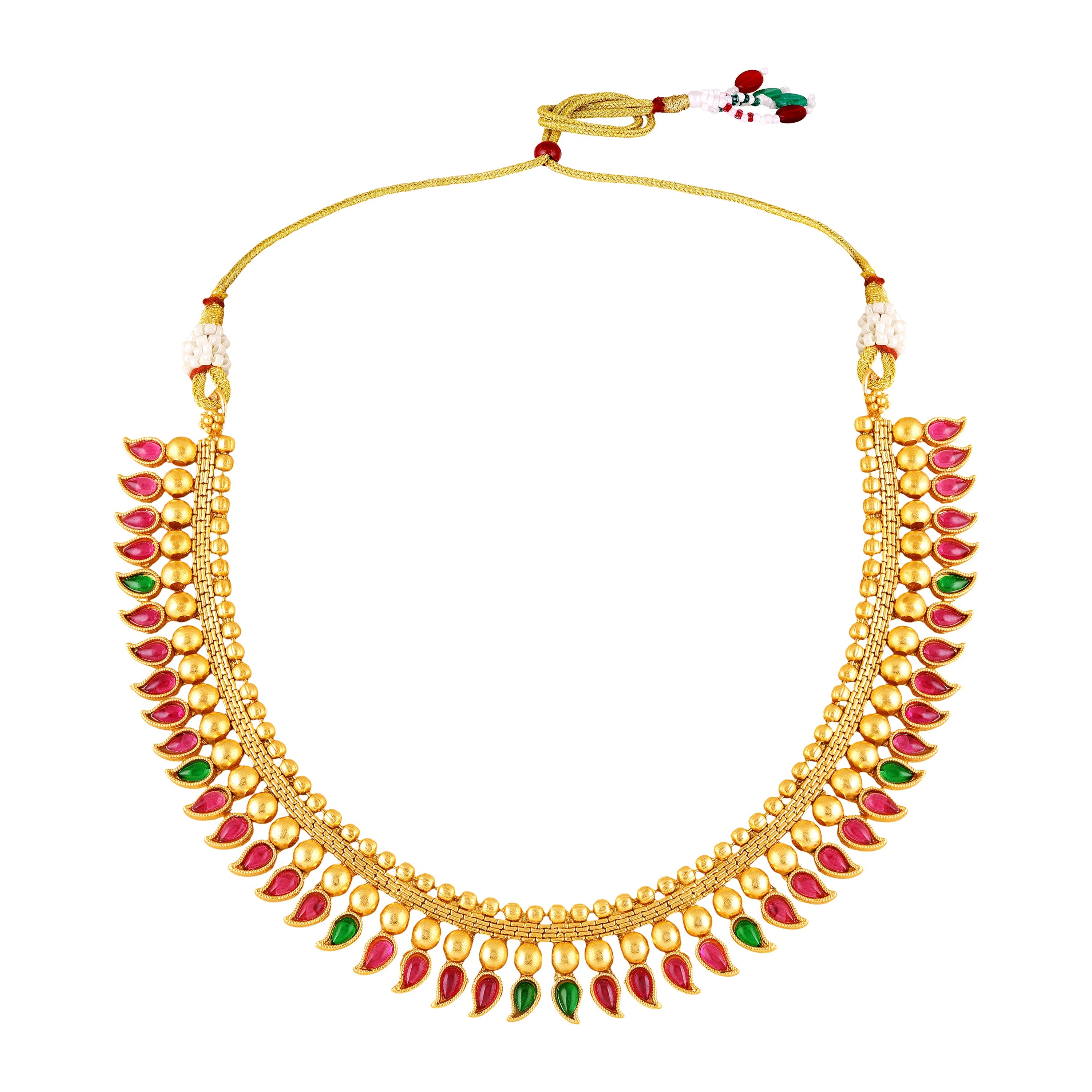 Mahi Traditional South Indian Temple Necklace Set with Earrings for Women | Bridal & Festive Jewellery Set | Kundan Red & Green Design (NL1108137G)