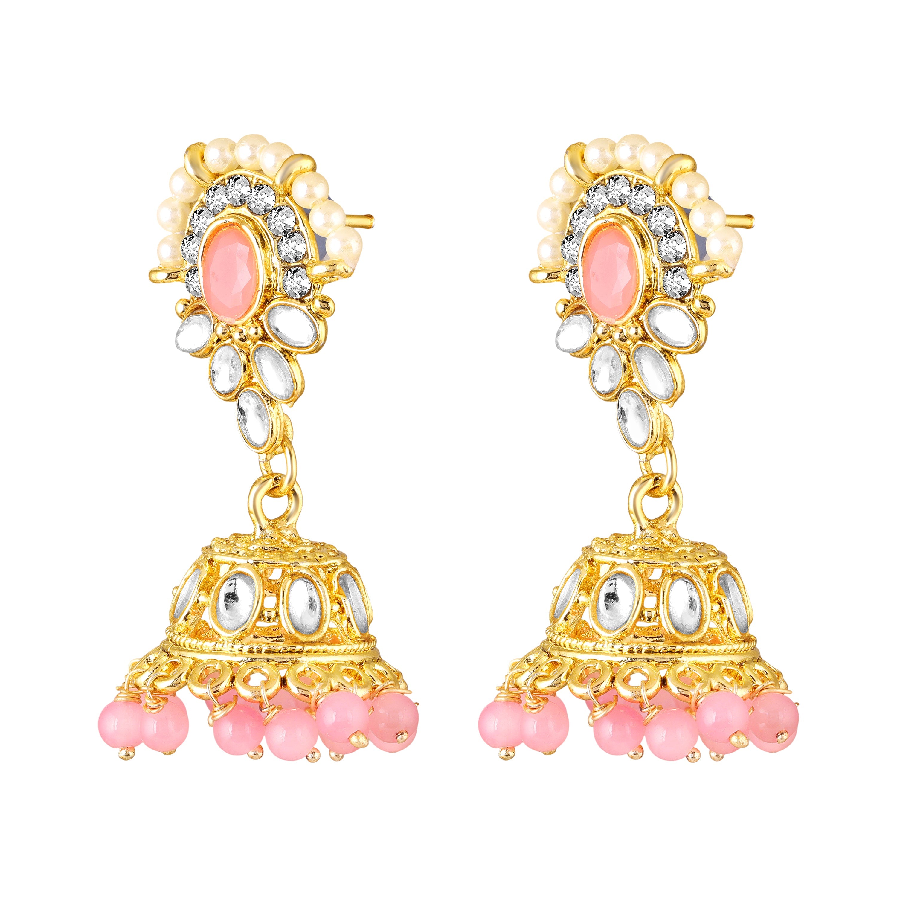 Mahi Pink White Kundan and Glass Beads Traditional Choker Necklace Set Earrings and Maang Tikka Jewellery Set for Women (NL1108141GLPin)