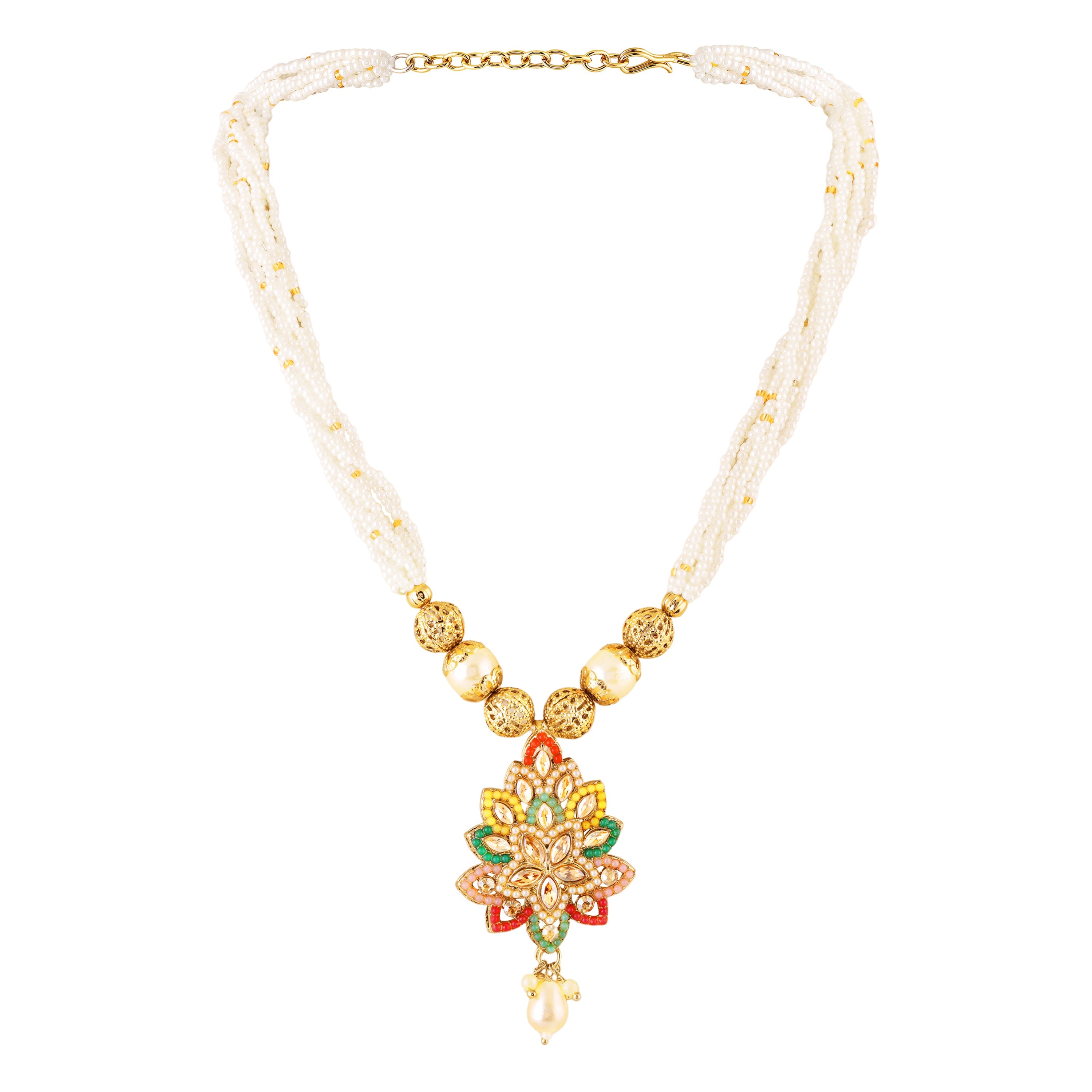 Mahi Traditional Multicolor Kundan & Artificial Pearl Beaded Floral Necklace Set with Earrings for Women & Girls | Ethnic Jewellery Set for Wedding & Festive Wear (NL1108145GMul)