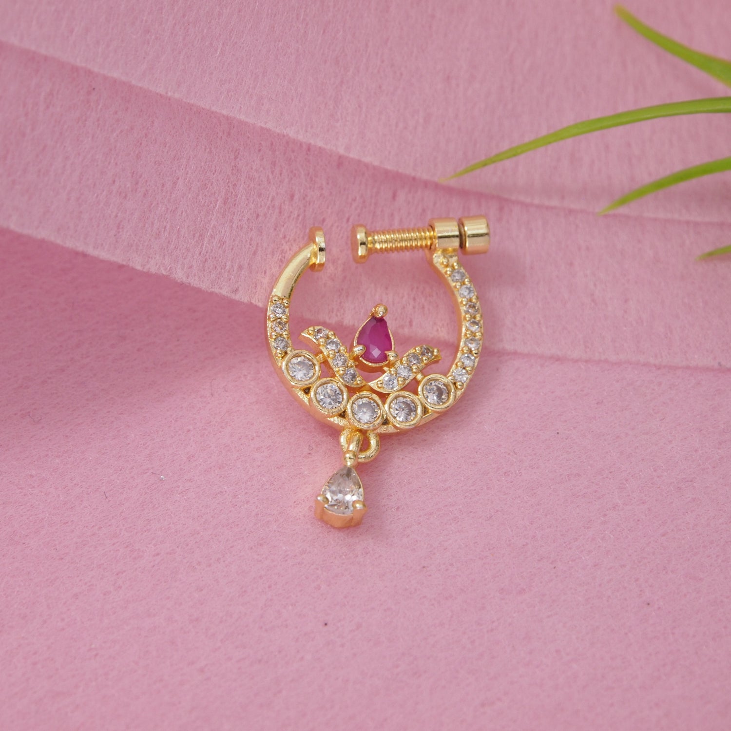 Etnico Gold Plated Traditional Ethnic Nose Ring/Nath Without Piercing Encased with Stones for Women (NL189Q)