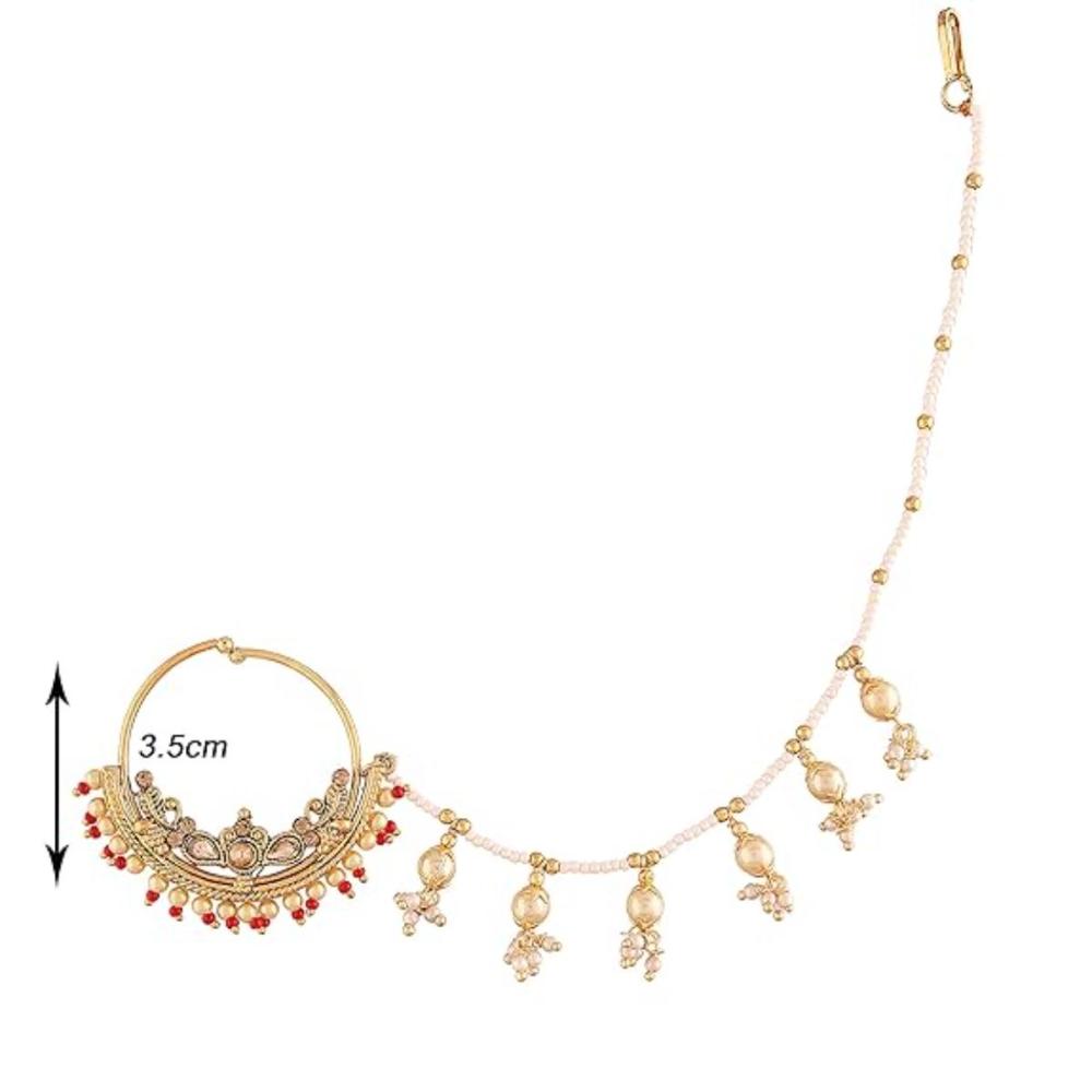 Etnico Gold Plated Bridal Nose Ring/Nath without piercing with Pearl Chain For Women (NL39R)