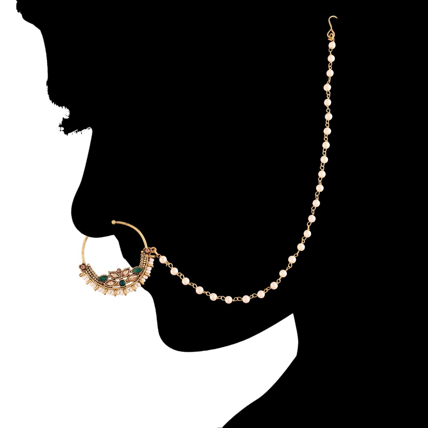 Etnico 18k Gold Plated Traditional Ethnic Bridal Nose Ring/Nath without piercing with Pearl Chain Encased with Pearl Stone for Women/Girls (NL41G)
