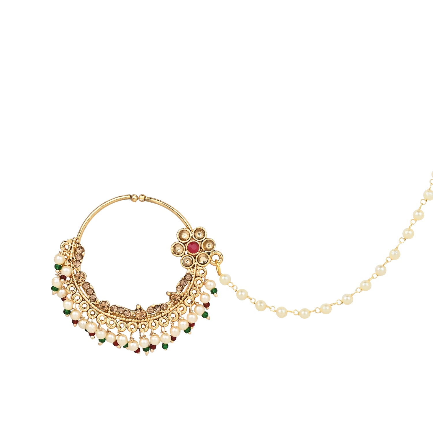 Etnico Gold Plated Traditional Ethnic Bridal Nose Ring/Nath Without Piercing with Pearl Chain Encased with Pearl Stone for Women/Girls (NL65M)