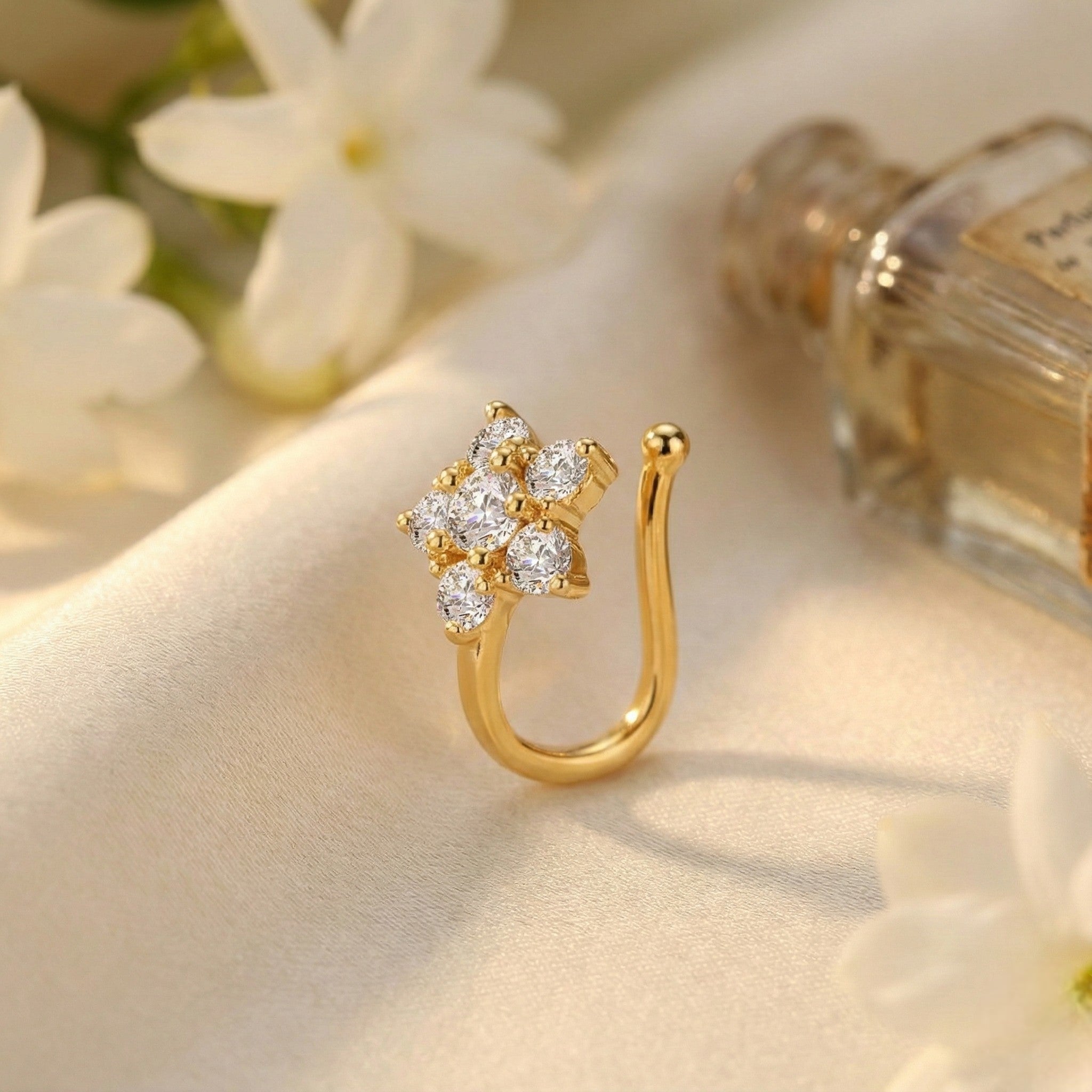 Mahi Floral Sparkling Crystals Gold-Tone Non Pierced Nose Ring (Nose Pin) for Women & Girls (NR1100182GWhi)