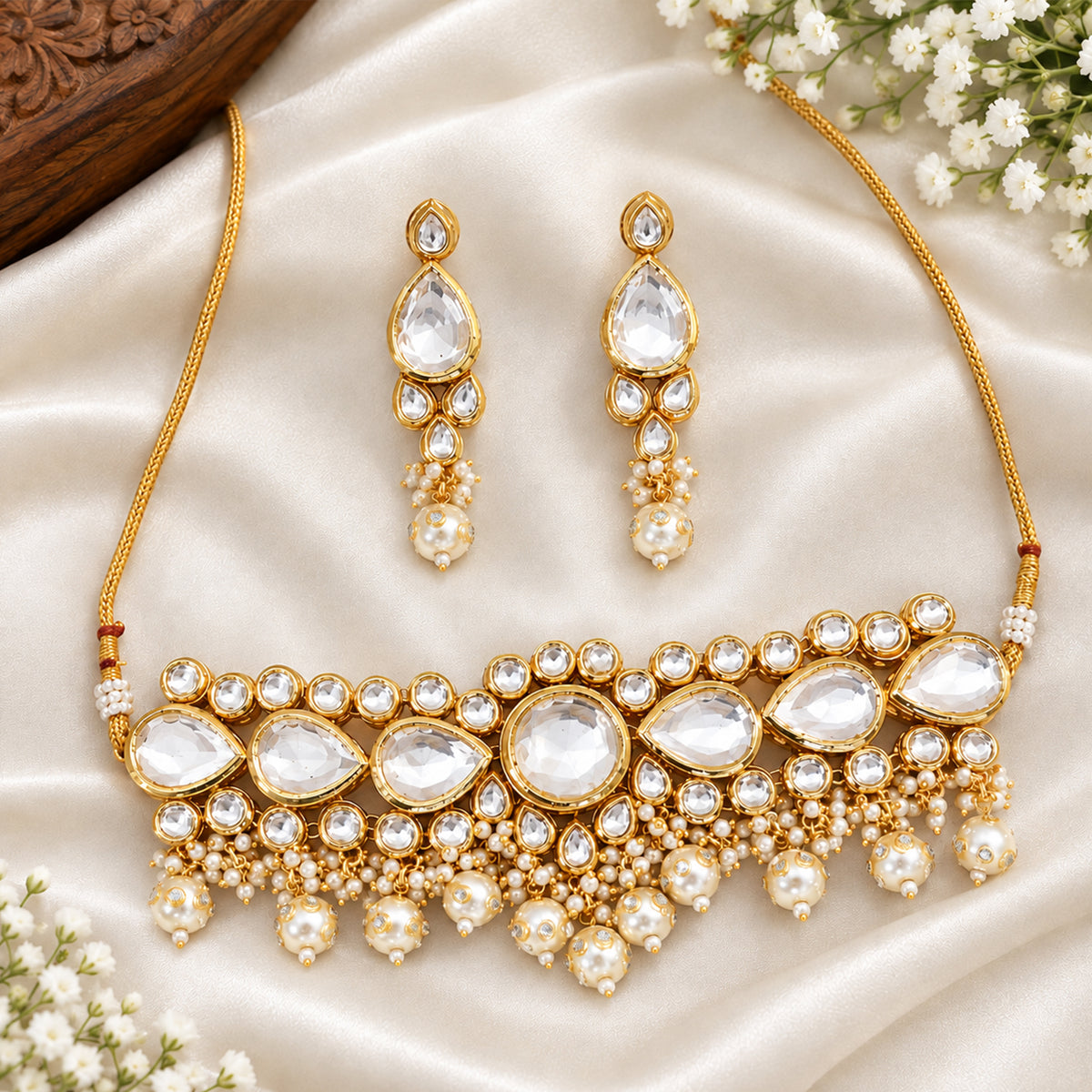 Js Fashion Fancy Design High Gold Polish Beautiful Kundan Stones Kundan Choker Style Necklace Set