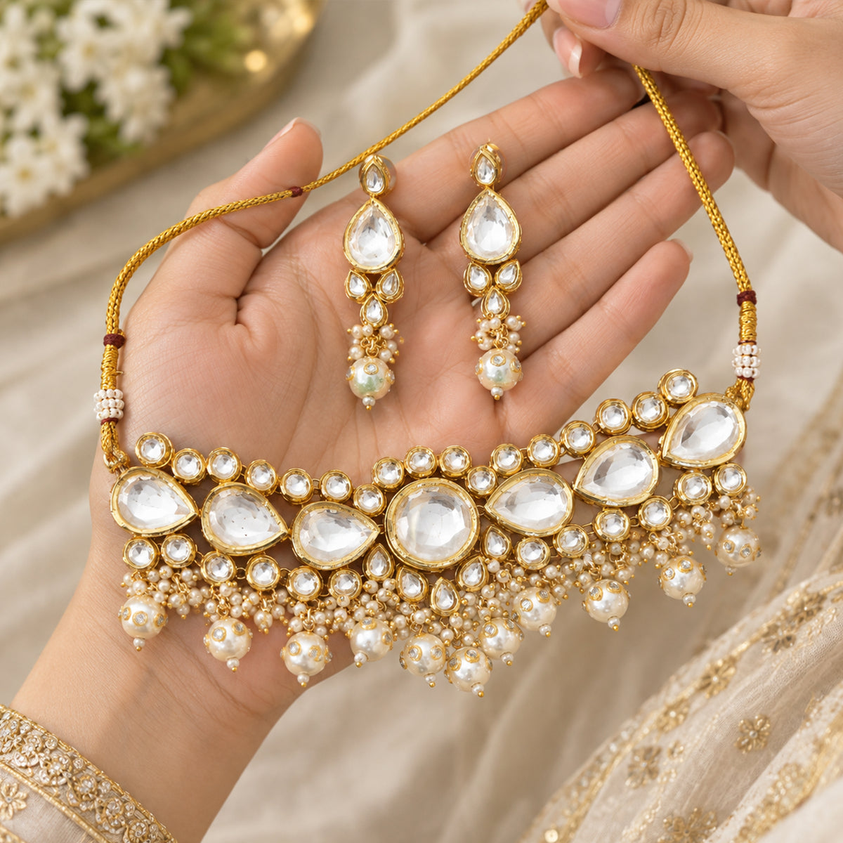Js Fashion Fancy Design High Gold Polish Beautiful Kundan Stones Kundan Choker Style Necklace Set