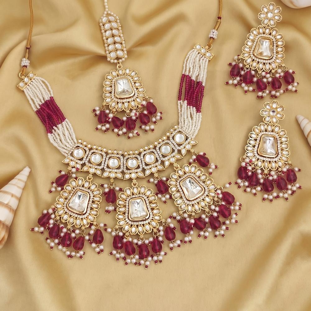 Js Fashion Clustered Pearl High Gold Polish Fancy Design Party wear Beautiful Kundan Stones Kundan Choker Style Necklace Set