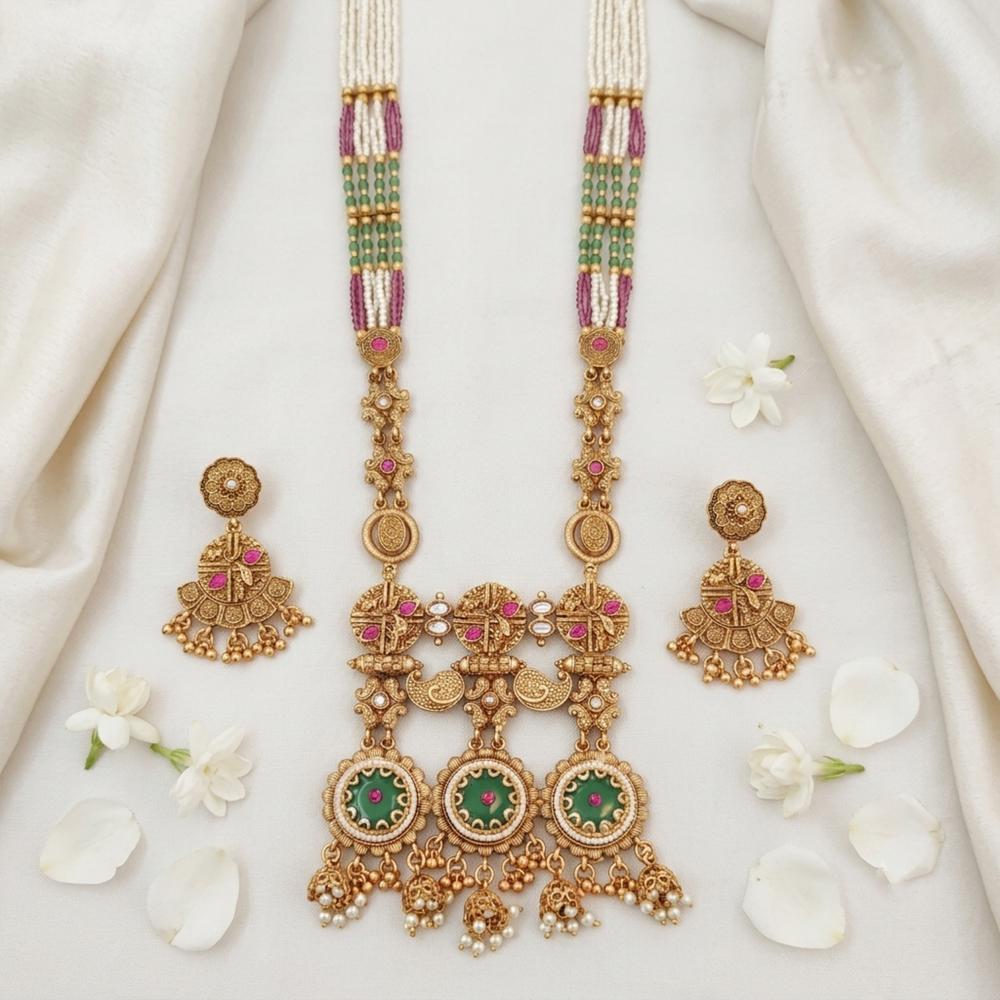 Js Fashion Premium Rajwadi Polish Necklace Set Featuring Green Pink Stones