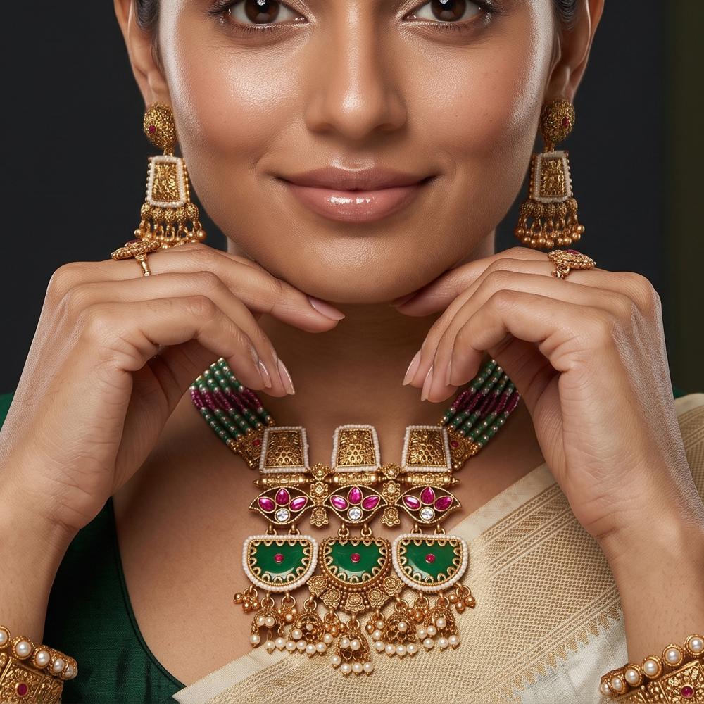 Js Fashion Royal Rajwadi Polish Antique Necklace Set With Elegant Matching Earrings