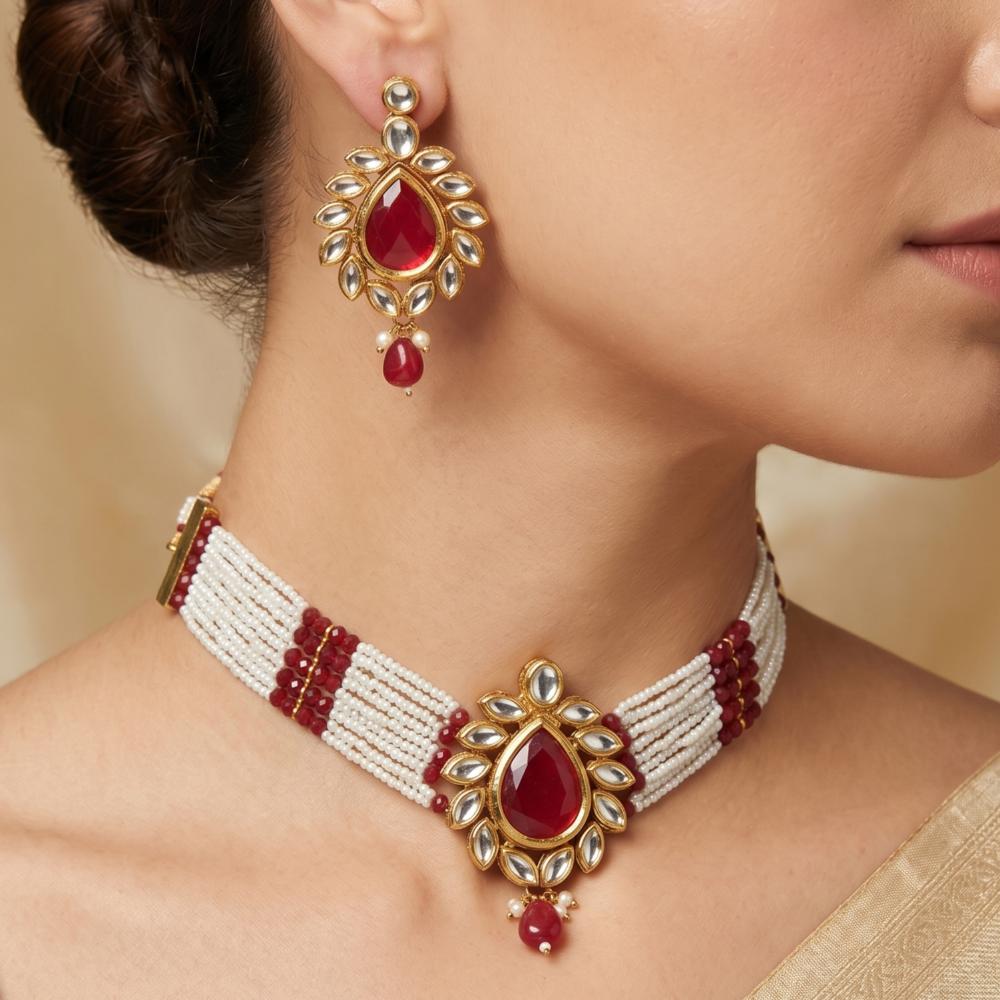 Knigght angel Gold Plated Kundan And Beads Necklace Set