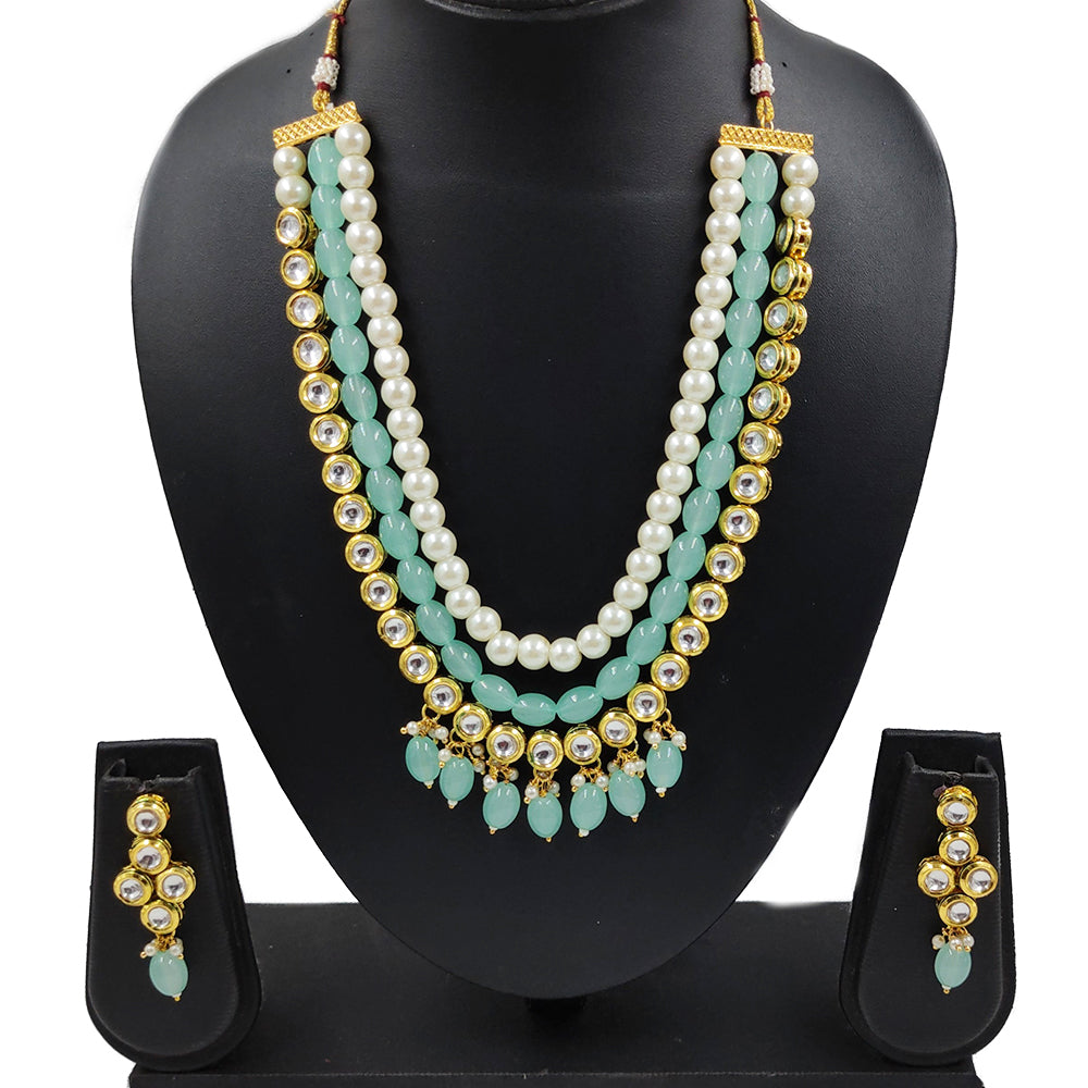 Knigght angel Gold Plated Kundan And Beads Multi Layer Necklace Set