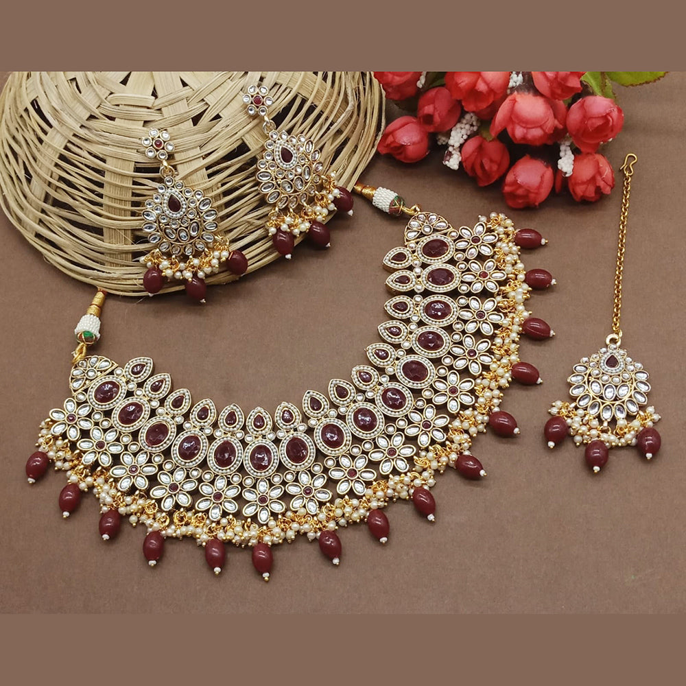 Knigght angel Gold Plated Kundan And Beads Necklace Set