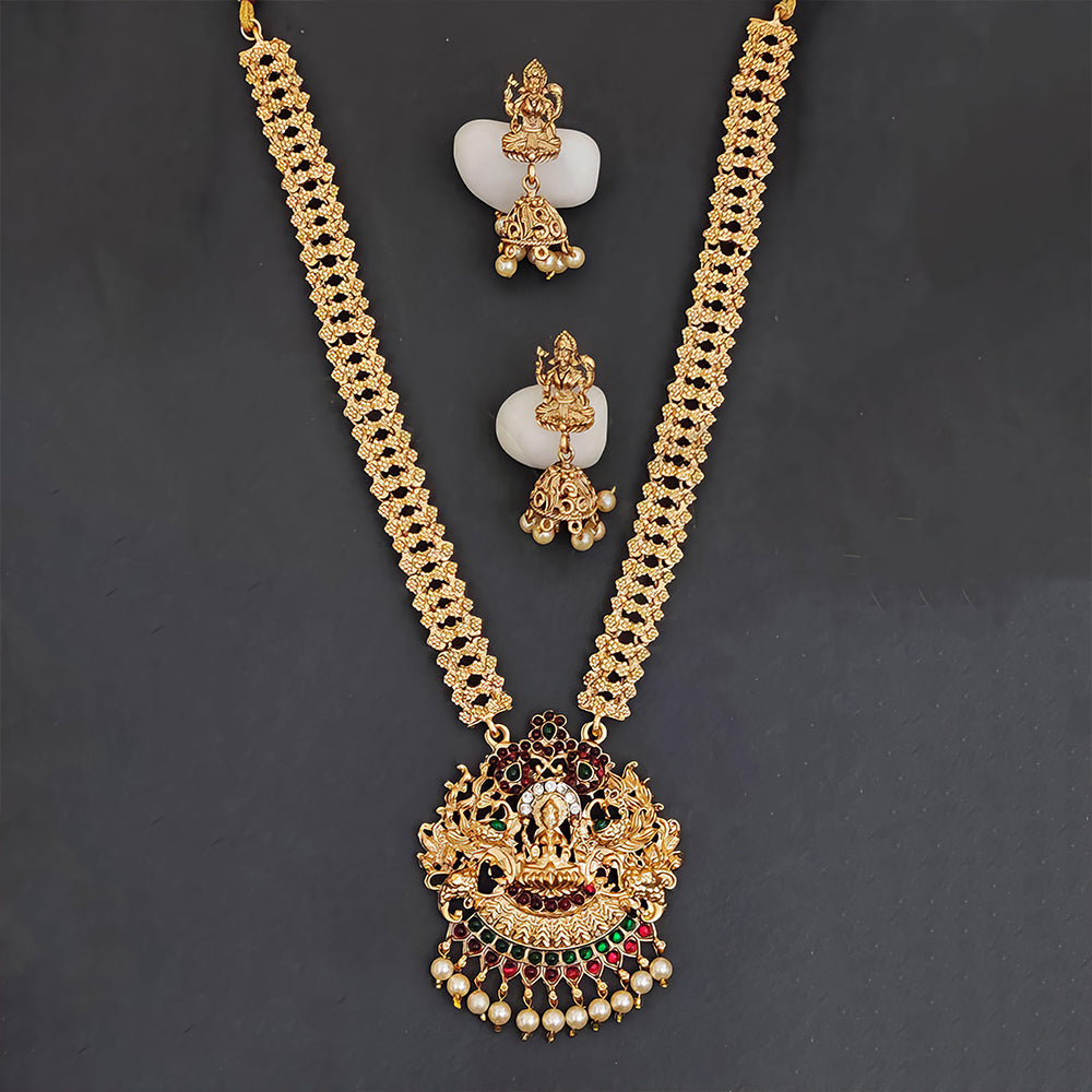 Js Fashion Matte Gold Polish Clustered Pearl Laxmi Pendant Designer Fancy style Temple Jewellery Long Temple Necklace Set