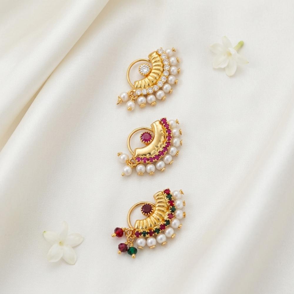Js Fashion PACK OF 3 Fancy Antique Stone Pearl Nose Ring Set