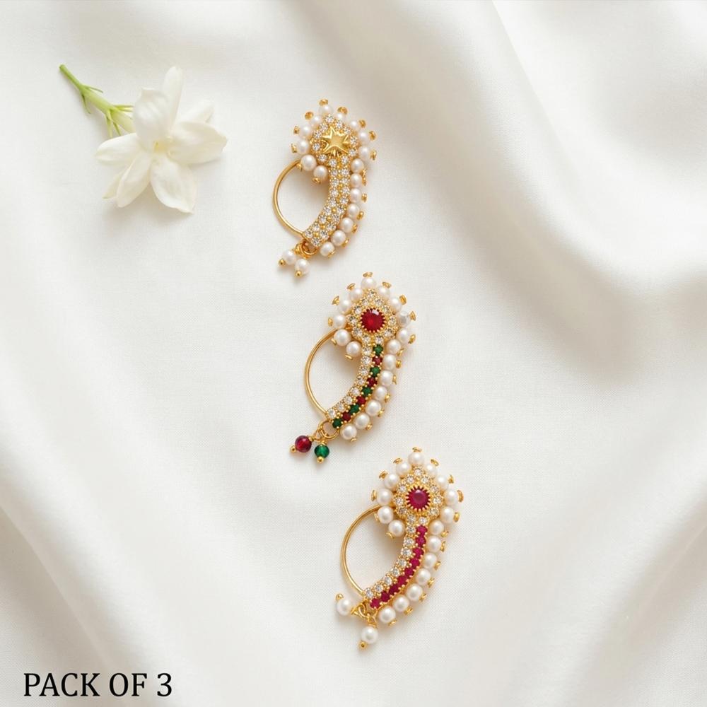 Js Fashion PACK OF 3 Designer Traditional Maharashtrian Nose Ring Set for Women