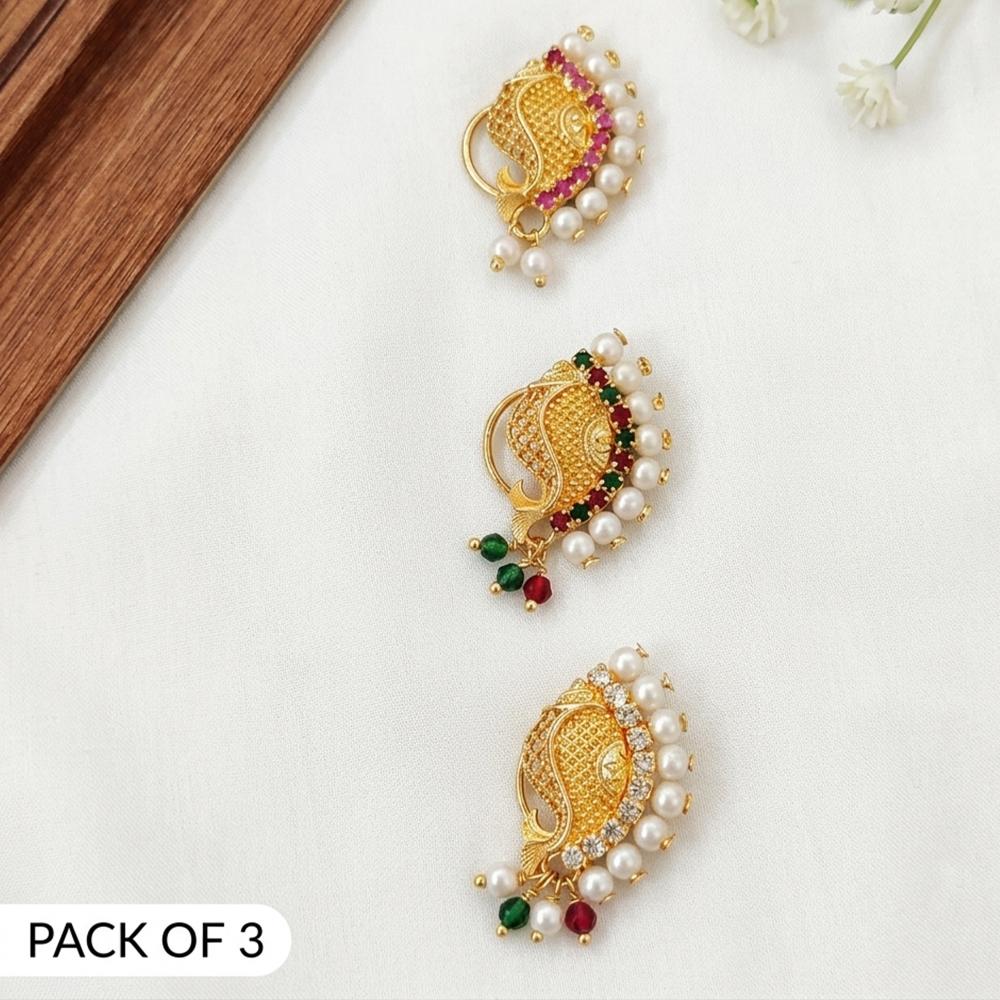 Js Fashion PACK OF 3 Antique Maharashtrian Nath High Gold Pearl Nose Ring