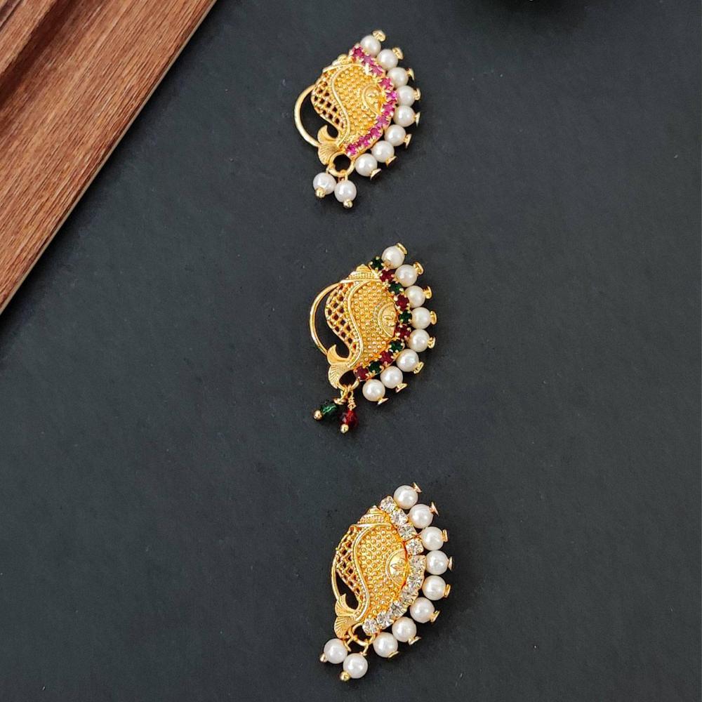 Js Fashion PACK OF 3 Antique Maharashtrian Nath High Gold Pearl Nose Ring
