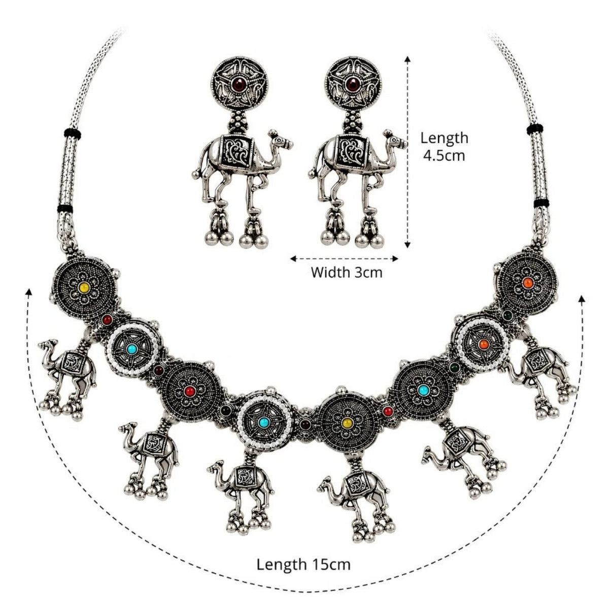 Etnico Traditional Navratri Oxidised Silver Plated Multicolour Tribal Choker Necklace with Earrings Jewellery Set for Women (OXJ004)