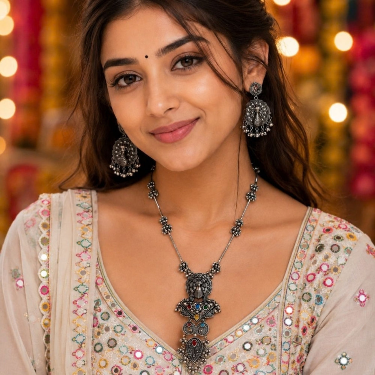 Etnico Traditional Navratri Oxidised Silver Plated Multicolour Long Pendant Necklace with Earrings Jewellery Set for Women (OXJ006)