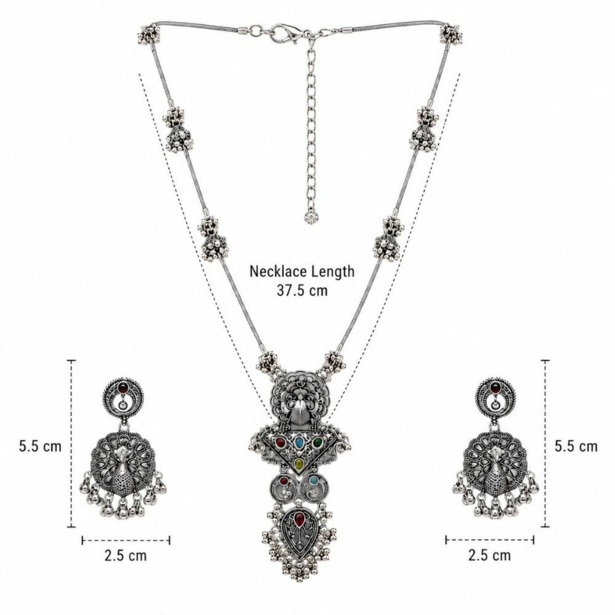Etnico Traditional Navratri Oxidised Silver Plated Multicolour Long Pendant Necklace with Earrings Jewellery Set for Women (OXJ006)