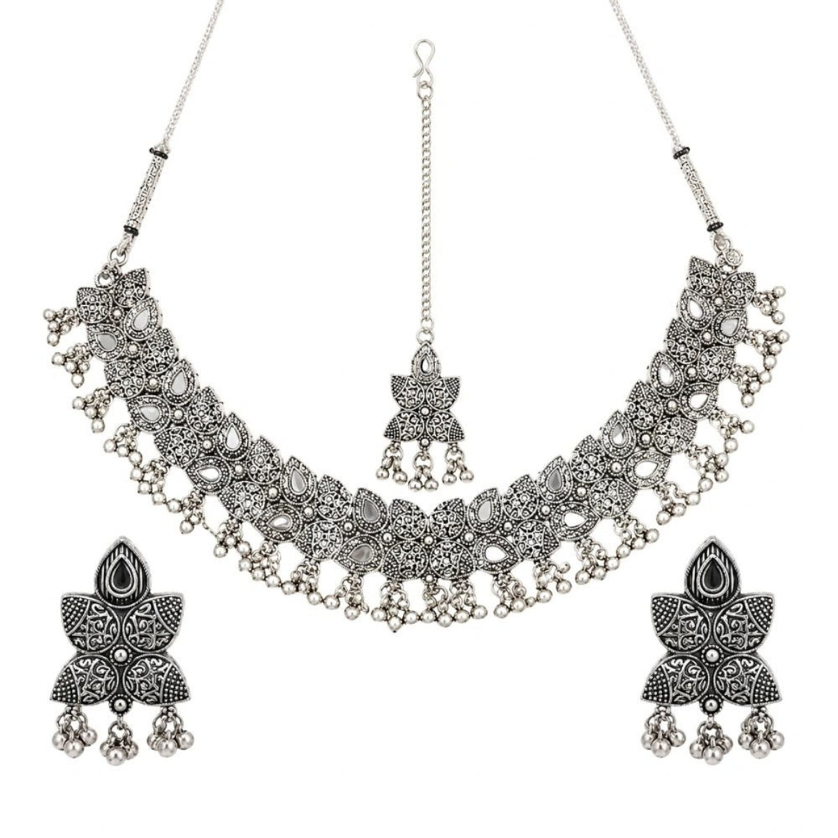Etnico Traditional Navratri Oxidised Silver Plated Ghungroo Choker Necklace with Earrings and Maang Tikka Jewellery Set for Women (OXJ009)