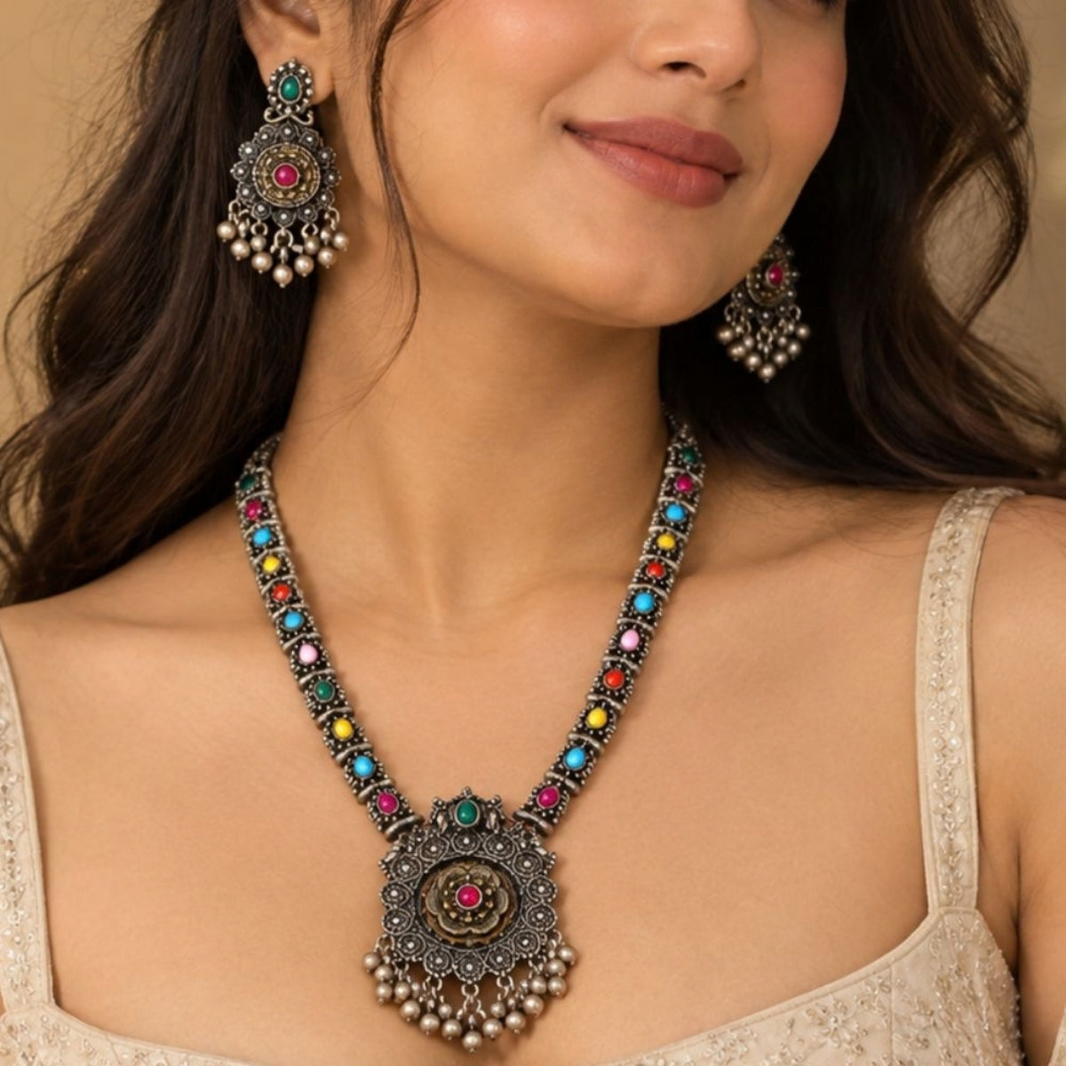 Etnico Traditional Navratri Oxidised Silver Plated Multicolour Stone Long Necklace with Earrings Jewellery Set for Women (OXJ016Mul)