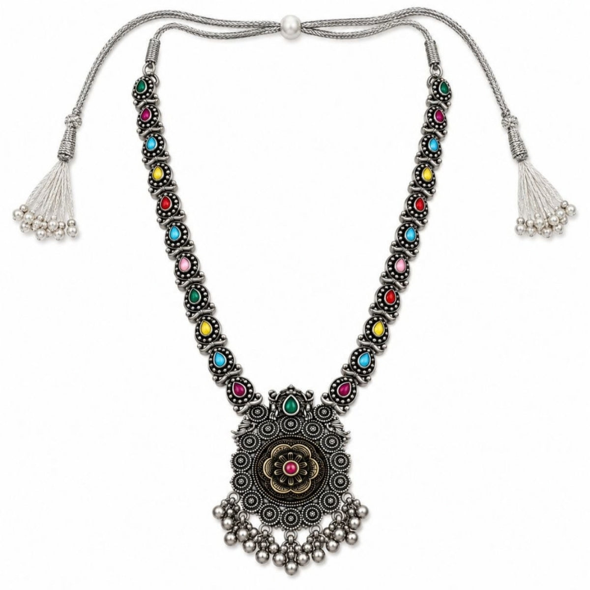 Etnico Traditional Navratri Oxidised Silver Plated Multicolour Stone Long Necklace with Earrings Jewellery Set for Women (OXJ016Mul)