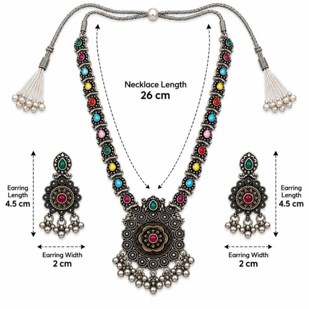 Etnico Traditional Navratri Oxidised Silver Plated Multicolour Stone Long Necklace with Earrings Jewellery Set for Women (OXJ016Mul)