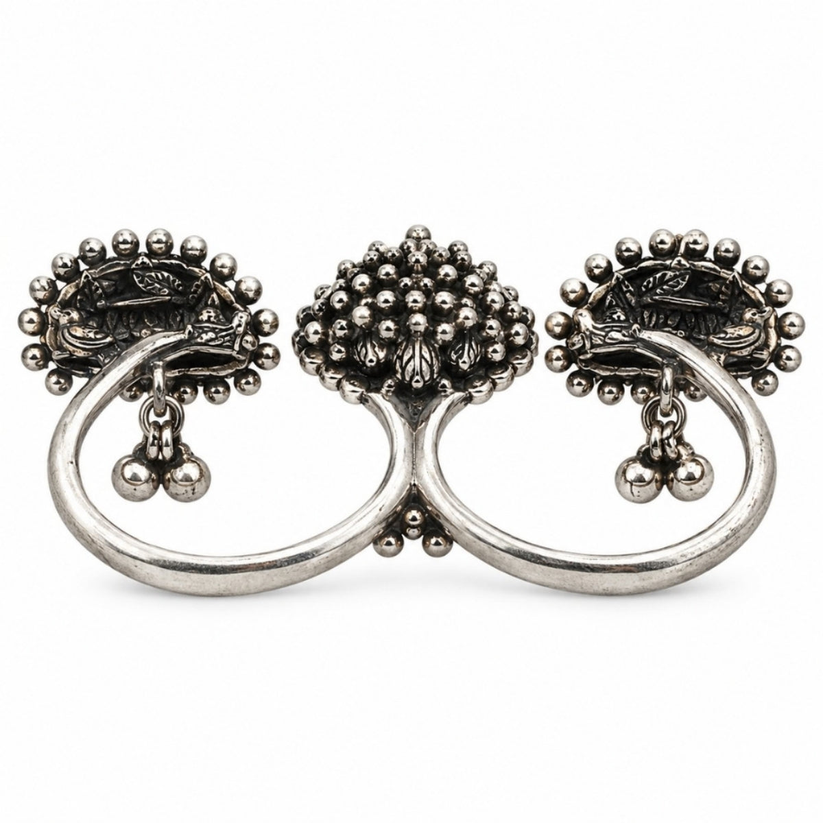 Etnico Traditional Oxidised Silver Plated Design Two Finger Ring with Multicolour Stones & Hanging Ball Charms for Women & Girls