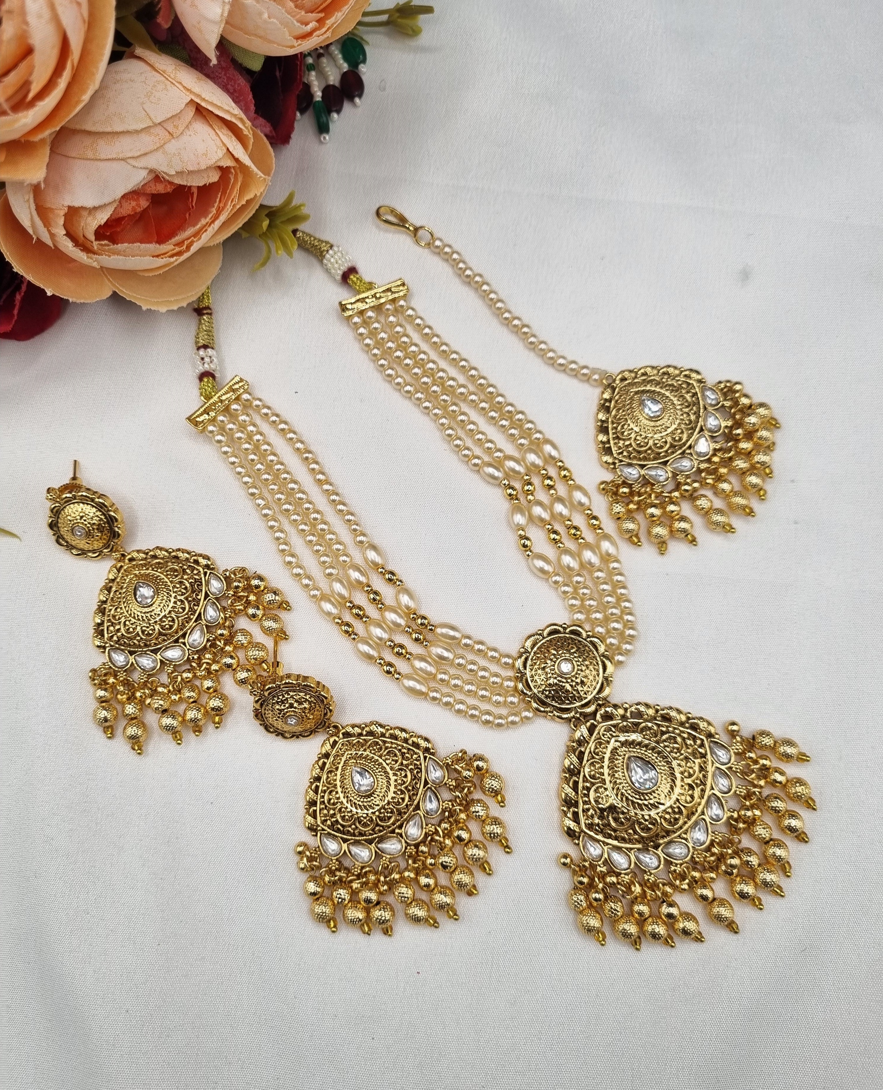 LAFZ Antique Multi-Strand Pearl Necklace Set with Maangtikka & Earrings - PM1GOLD