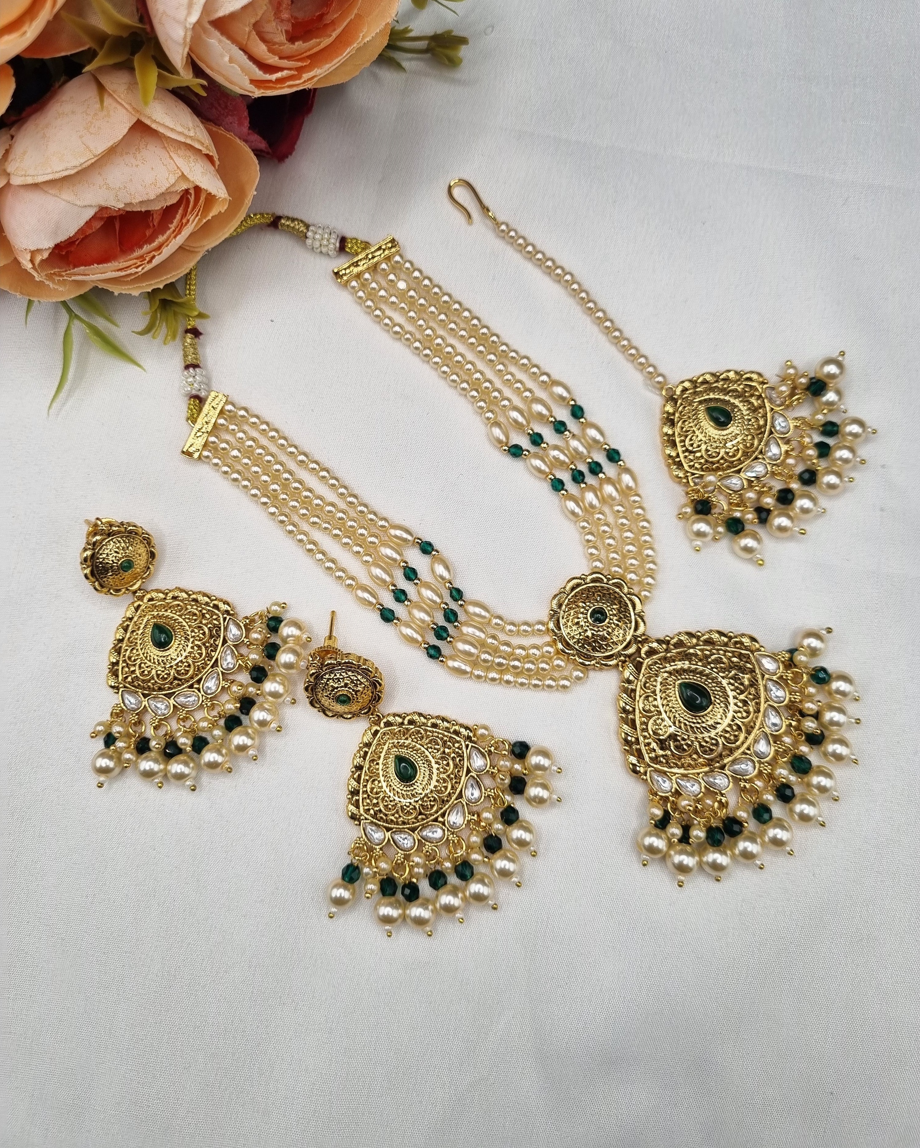 LAFZ Antique Multi-Strand Pearl Necklace Set with Maangtikka & Earrings - PM1GOLD