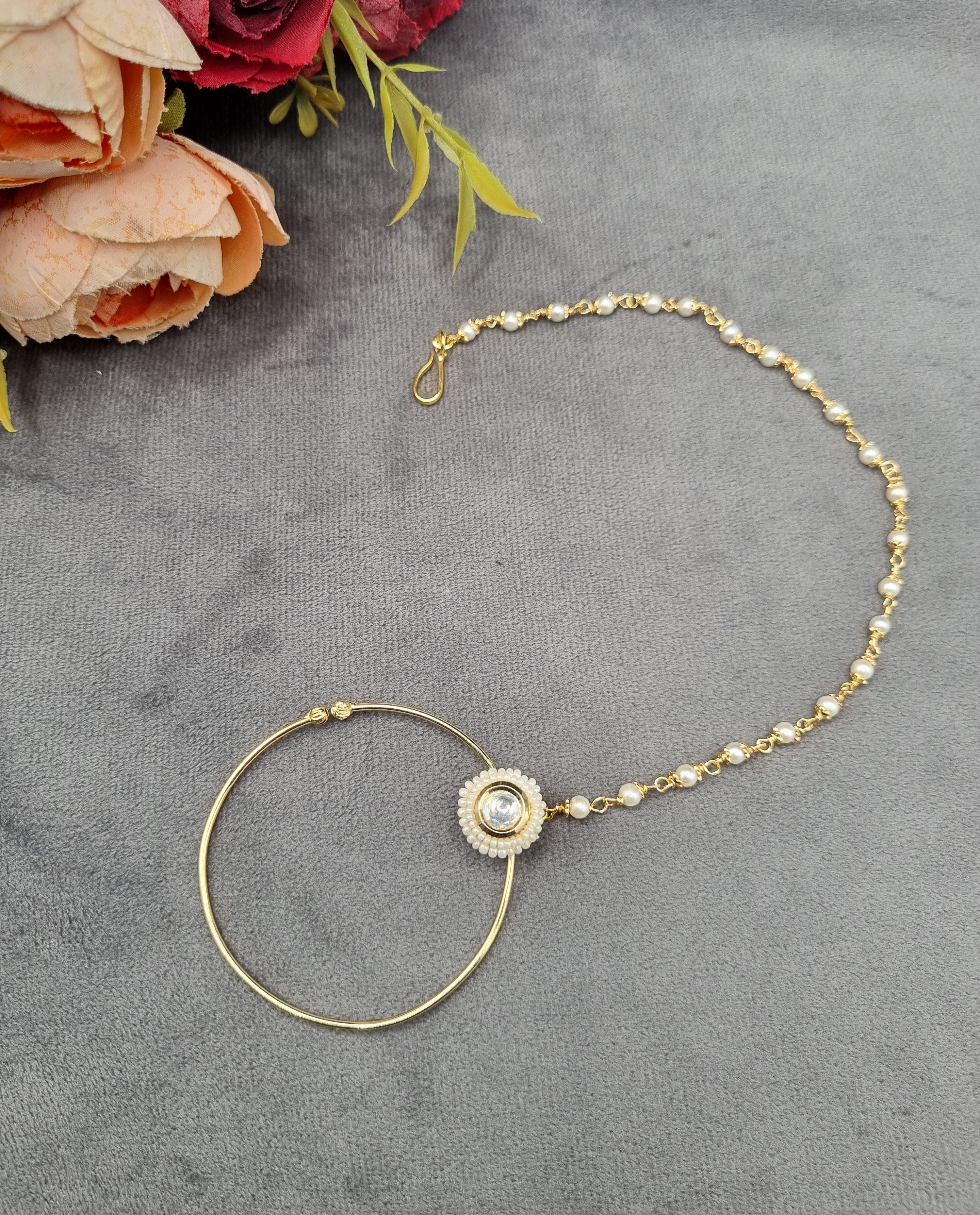 LAFZ Traditional Stone & Pearl Studded Hoop Nath with Pearl Beaded Chain - PM5