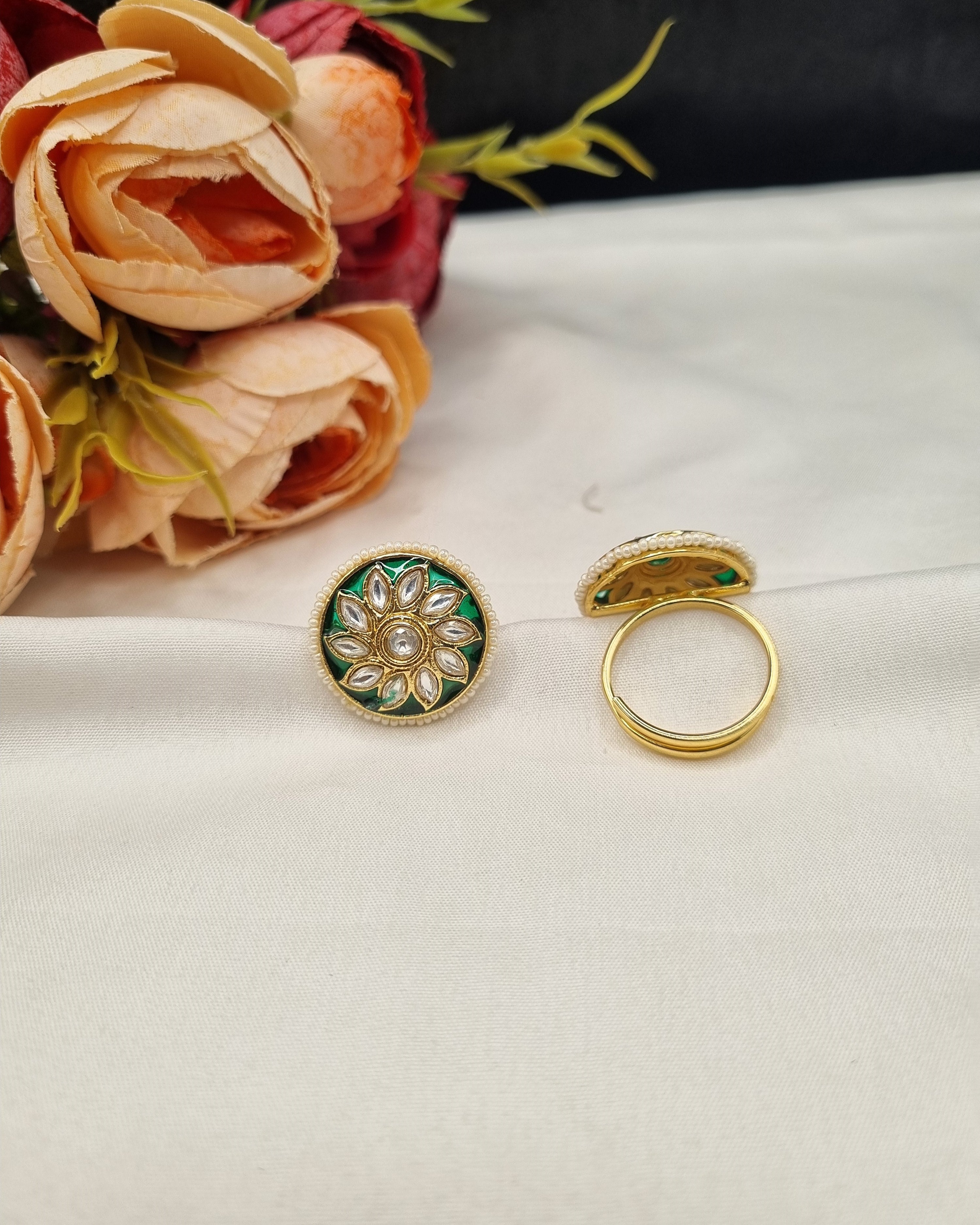 LAFZ Floral Rosette Meenakari Statement Ring with Pearl Edge - PMRG10