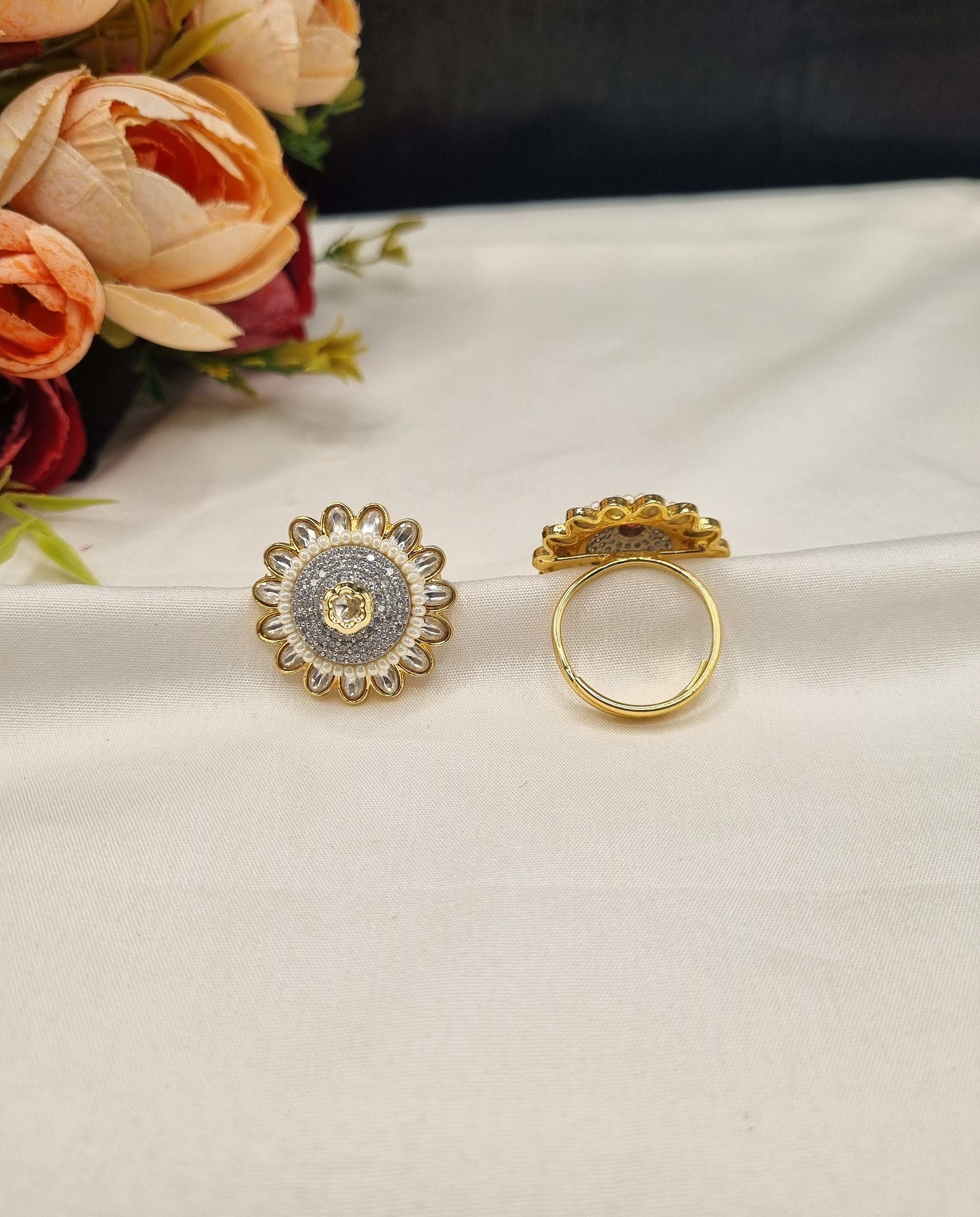 LAFZ Sunburst Pave Medallion Ring with Pearl Border - PMRG11
