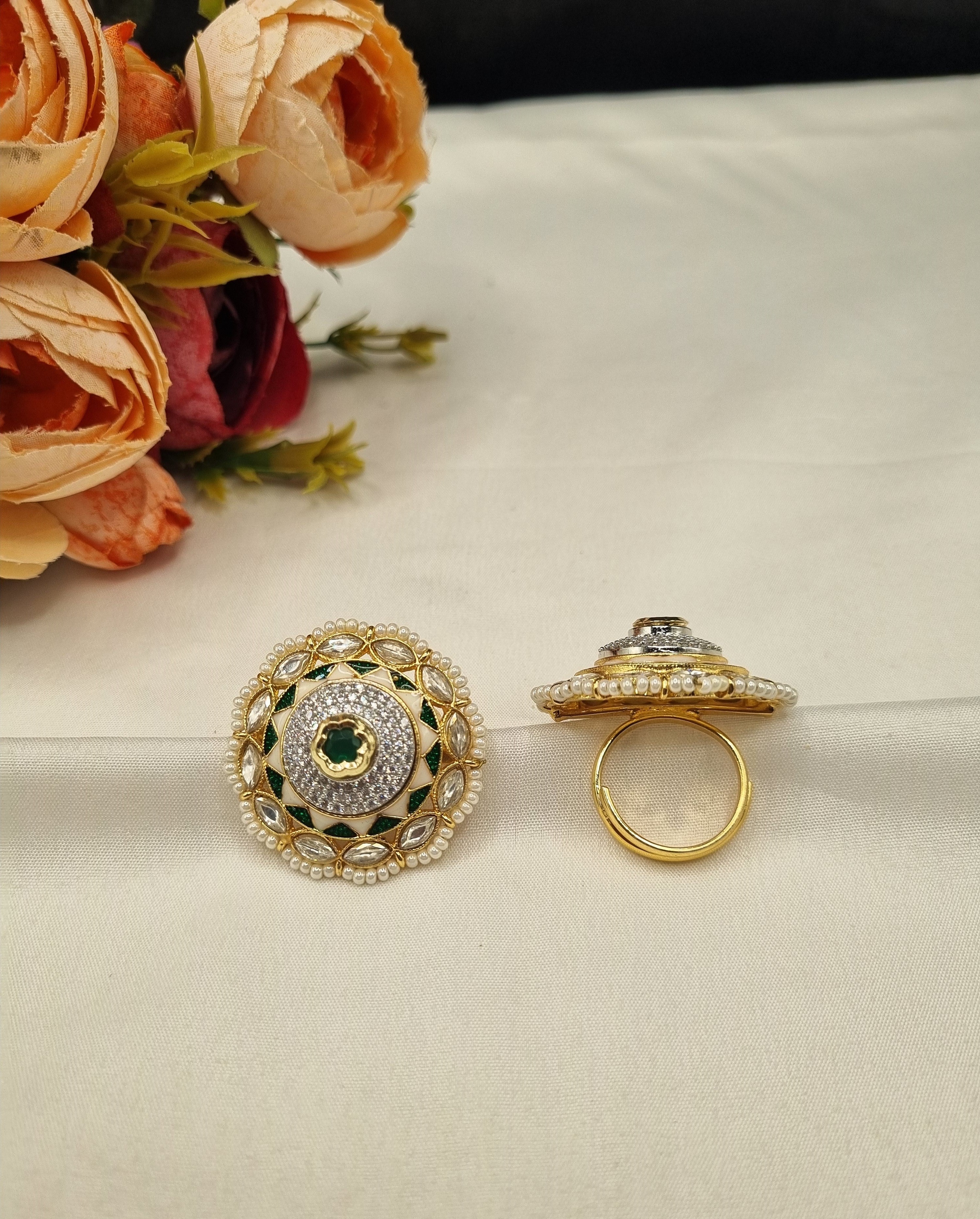 LAFZ Dome Medallion Statement Ring with Micro-Pearl Border - PMRG13