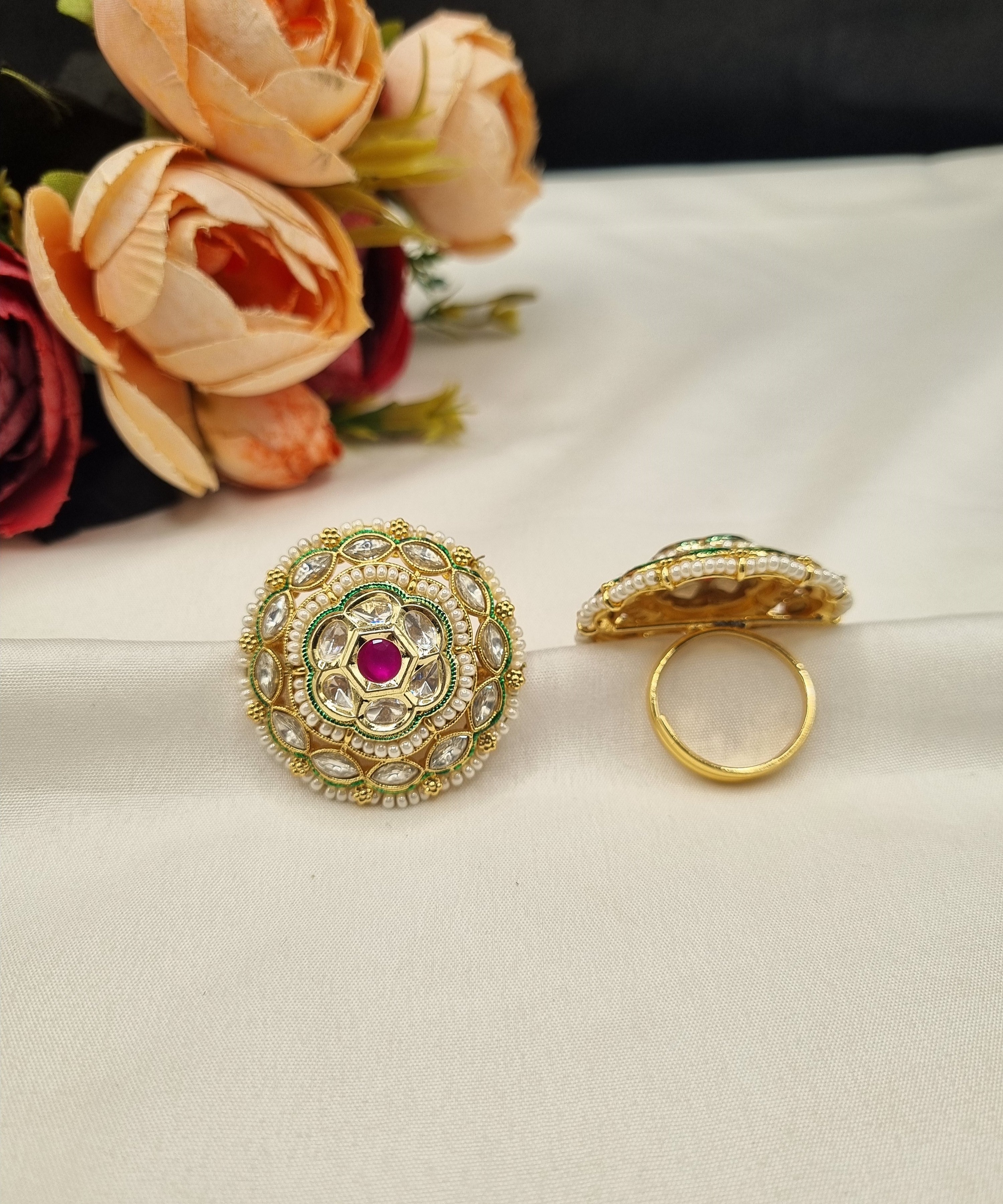 LAFZ Gold-Plated Floral Circular Statement Ring with Pearl Border - PMRG15