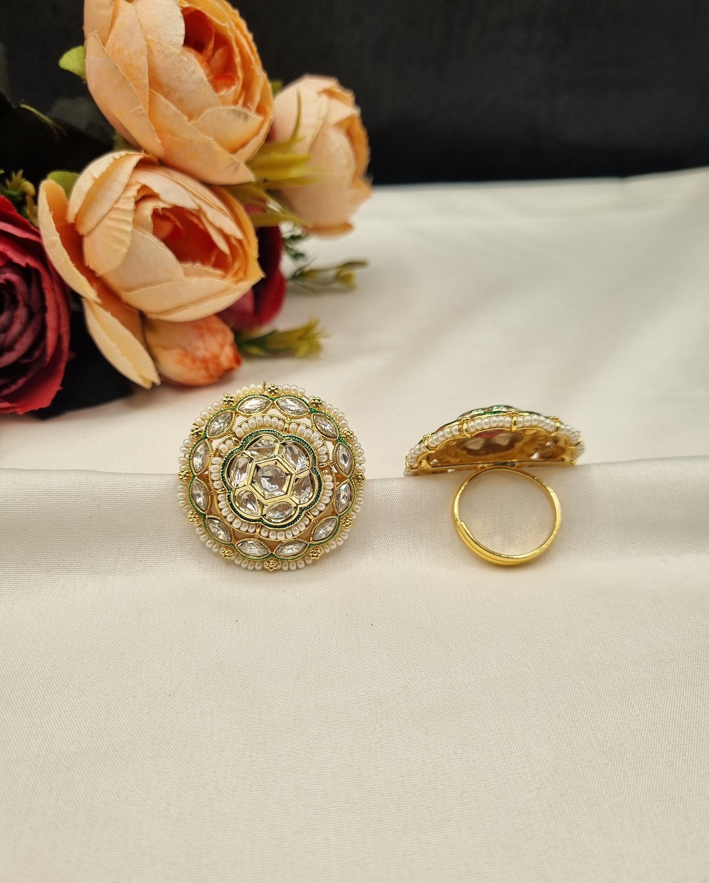 LAFZ Gold-Plated Floral Circular Statement Ring with Pearl Border - PMRG15