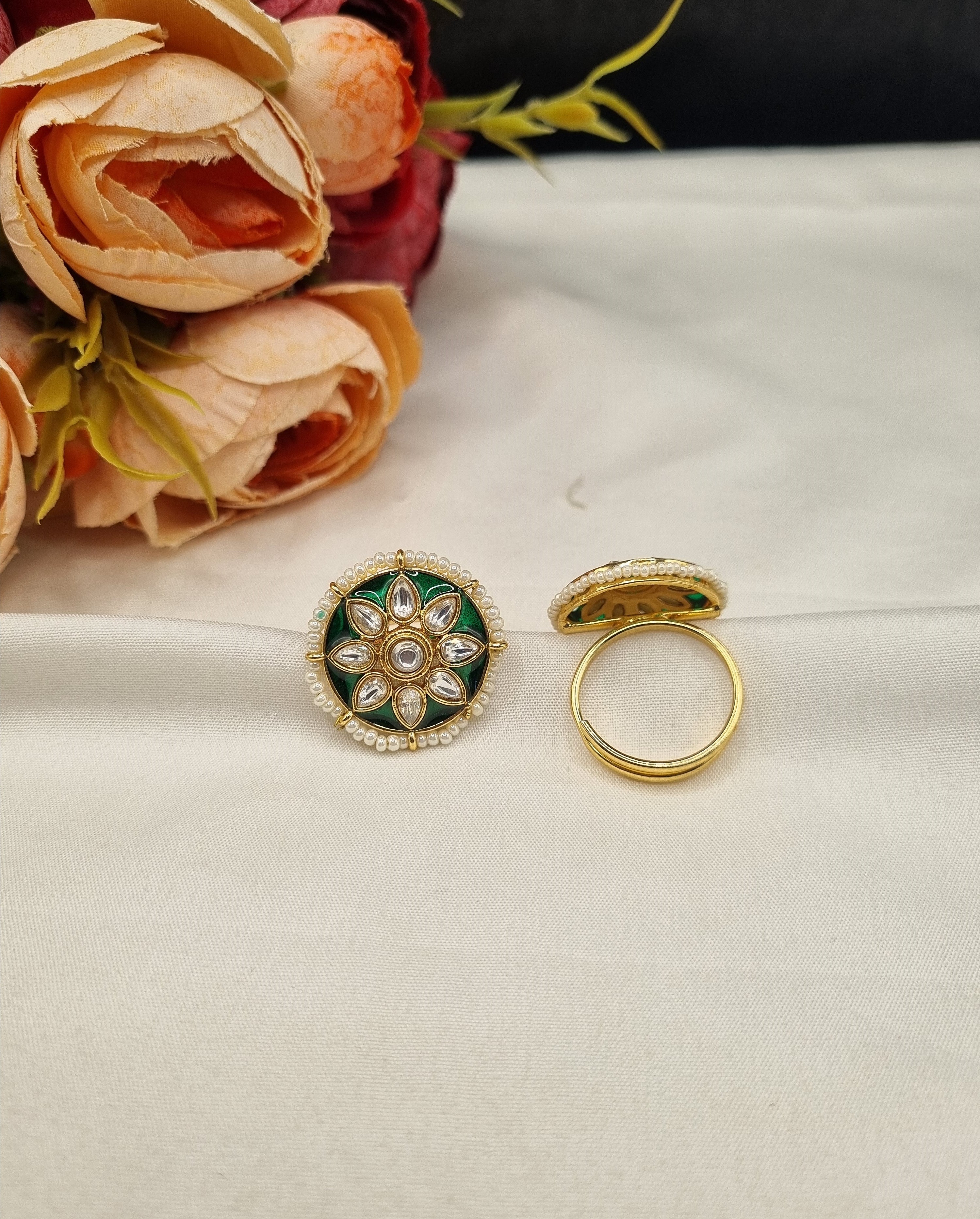 LAFZ Floral Starburst Meenakari Ring with Pearl Border - PMRG9