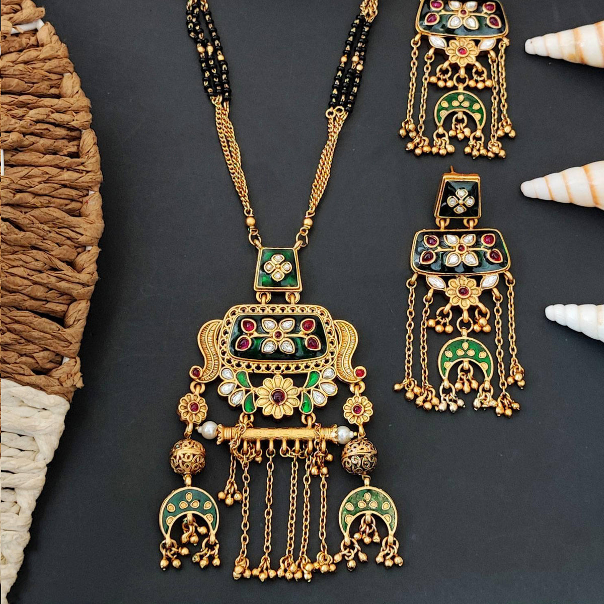 Js Fashion Heritage Rajwadi Polish Full Stone Party Wear Pendant SetSet