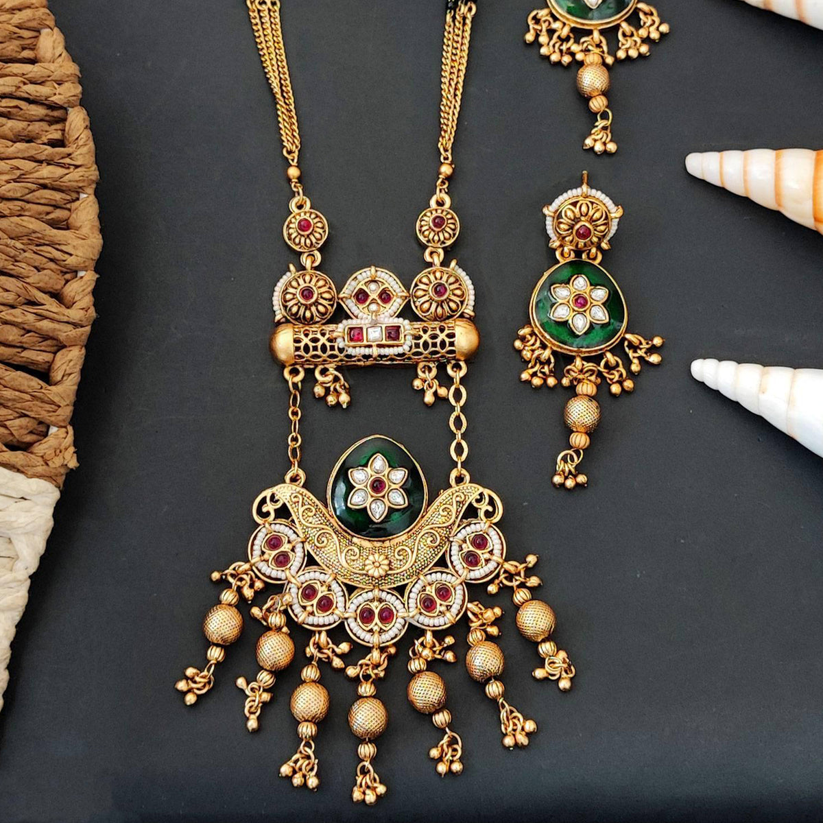 Js Fashion Heritage Rajwadi Polish Full Stone Party Wear Pendant SetSet