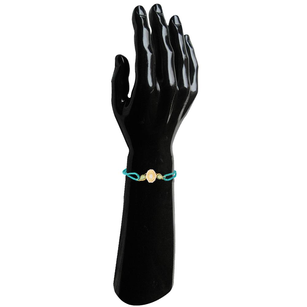 Mahi Elegant Kundan Rakhi for Brother | Oval Centerpiece with Mint Green Accents & Braided Blue Thread (RA1100825G)