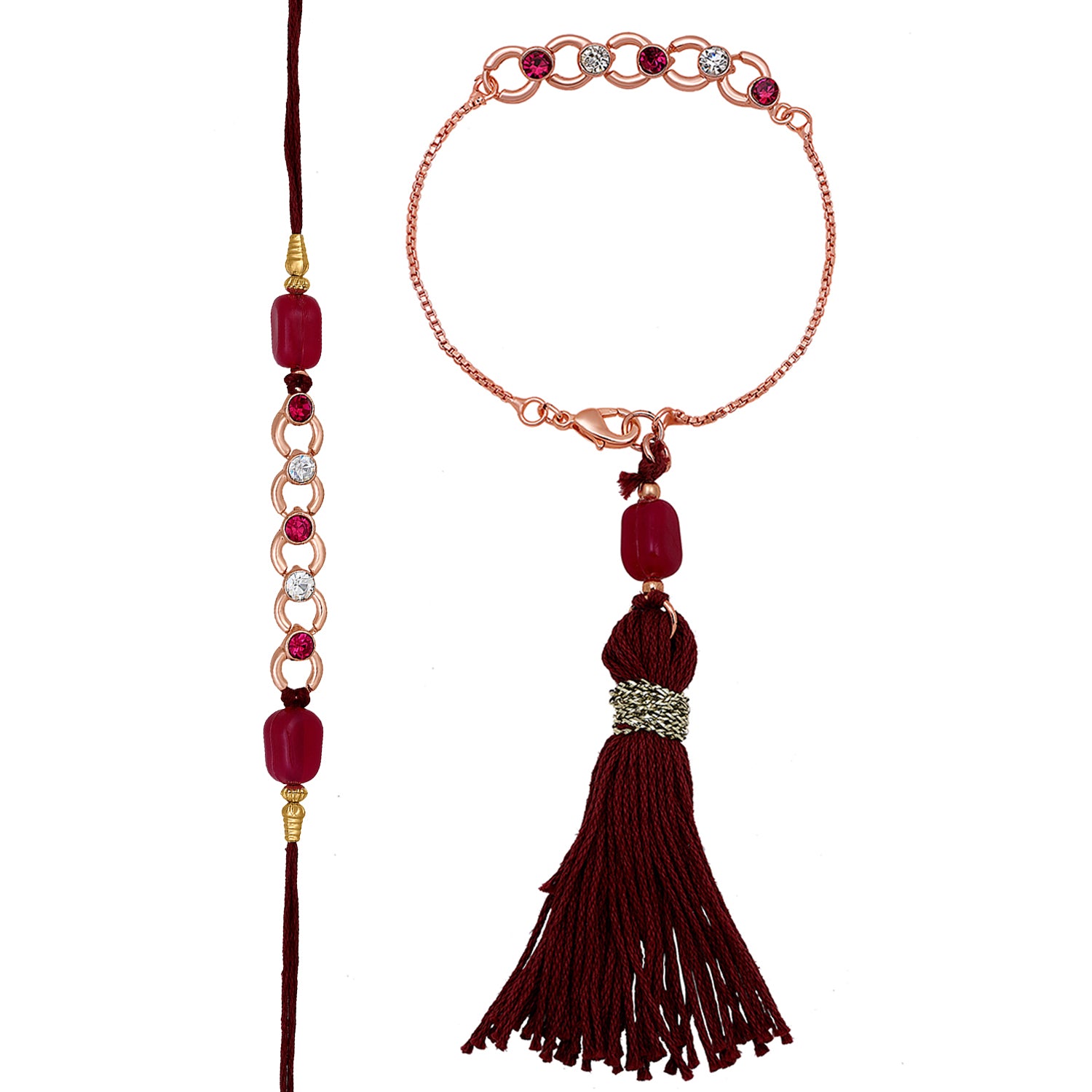 Mahi Rose Gold Plated Pink and White Crystals Lumba and Brother Rakhi Pair for Bhaiya and Bhabhi (RCOL1105522ZPin)