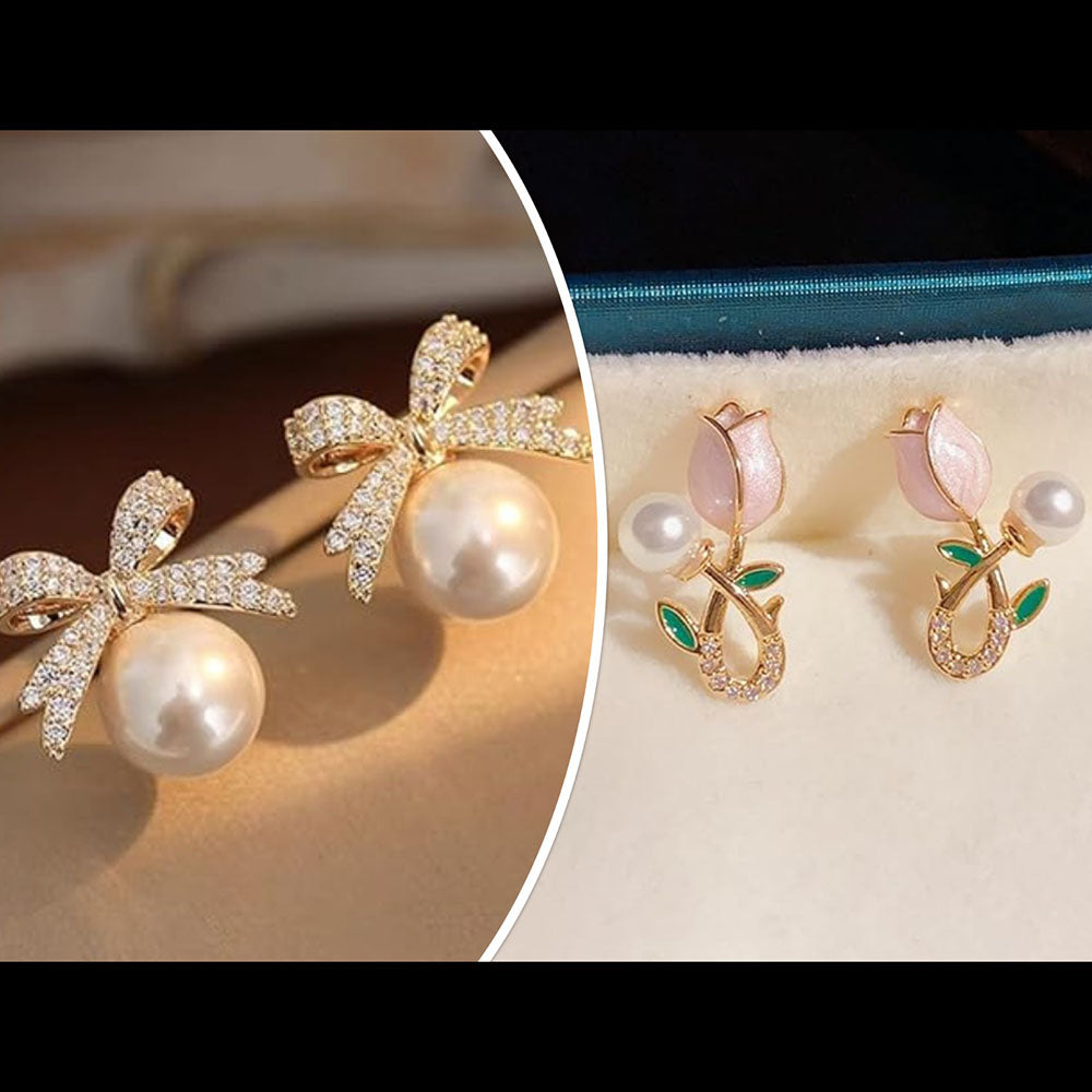 Bevy Pearls Austrian Stone Assorted Design Studs Earrings