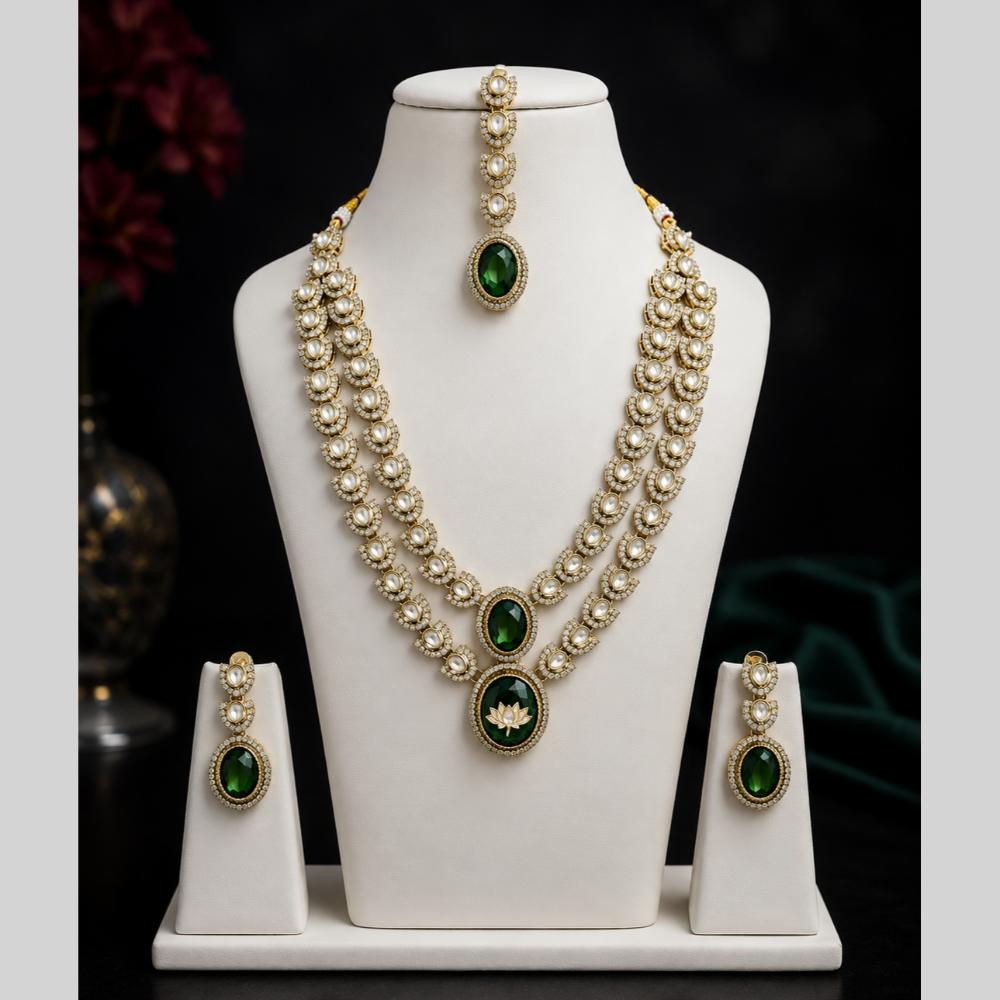 Lalso Double Layer Kundan Bridal Necklace earring maangtikka Jewellery Set with Green Stones for wedding festival - SM-NK501-GR