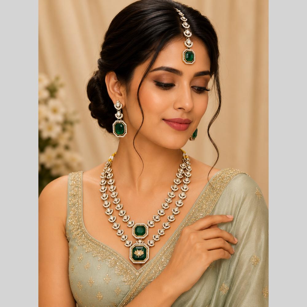 Lalso Double Layer Kundan Bridal Necklace earring maangtikka Jewellery Set with Green Stones for wedding festival - SM-NK502-GR