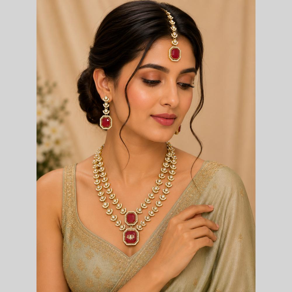 Lalso Double Layer Kundan Bridal Necklace earring maangtikka Jewellery Set with Maroon Stones for wedding festival - SM-NK502-MR