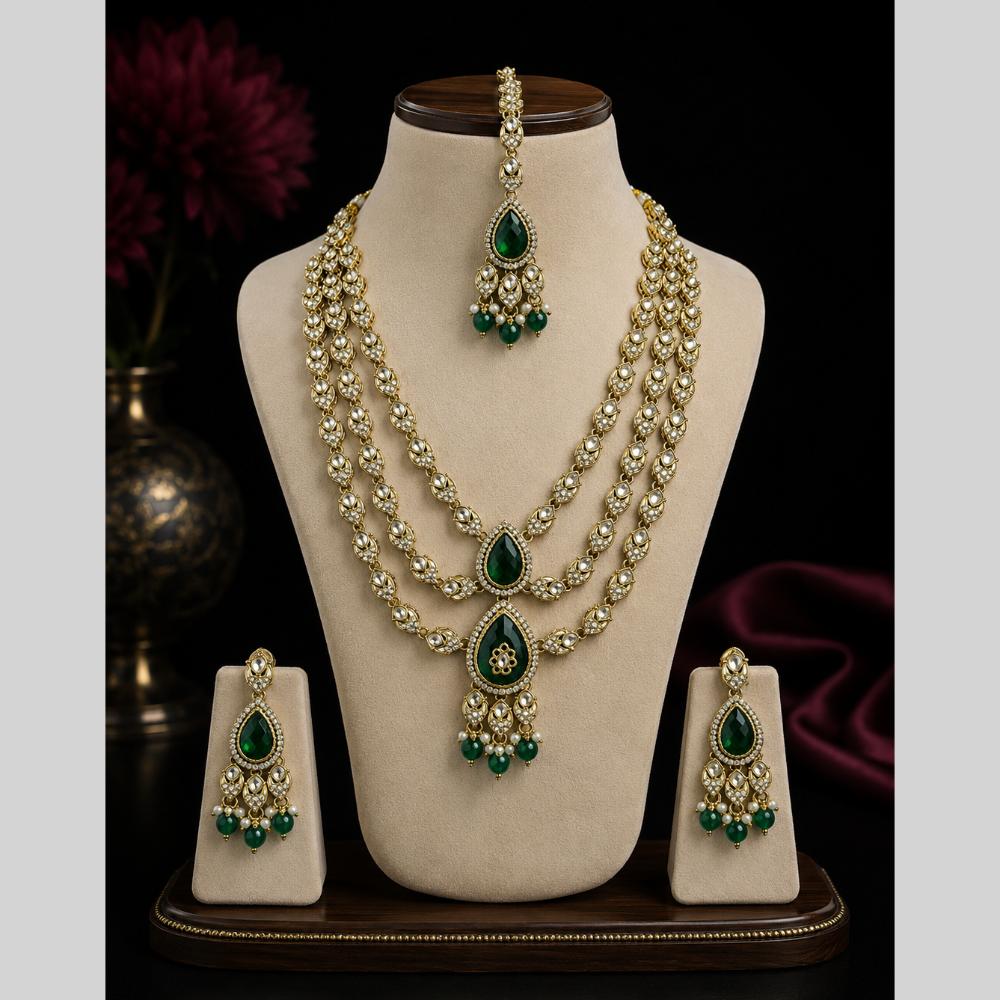 Lalso Tripple Layer Kundan Bridal Necklace earring maangtikka Jewellery Set with Green Stones for wedding festival - SM-NK503-GR