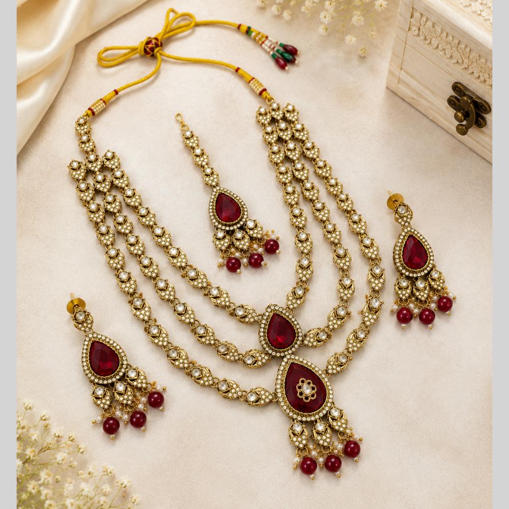 Lalso Tripple Layer Kundan Bridal Necklace earring maangtikka Jewellery Set with Maroon Stones for wedding festival - SM-NK503-MR