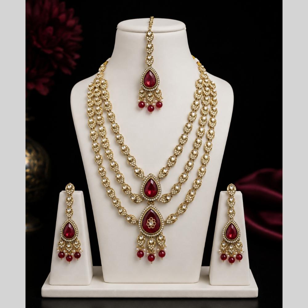 Lalso Tripple Layer Kundan Bridal Necklace earring maangtikka Jewellery Set with Maroon Stones for wedding festival - SM-NK503-MR