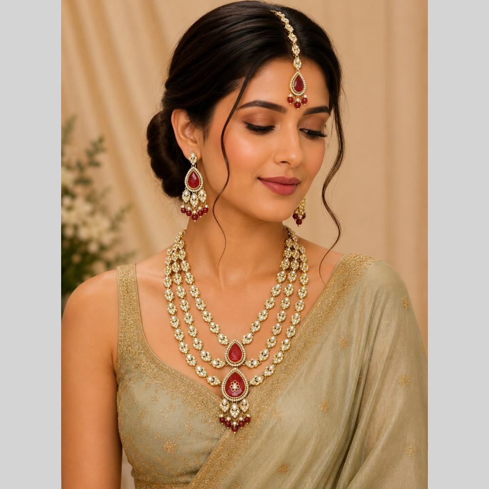 Lalso Tripple Layer Kundan Bridal Necklace earring maangtikka Jewellery Set with Maroon Stones for wedding festival - SM-NK503-MR